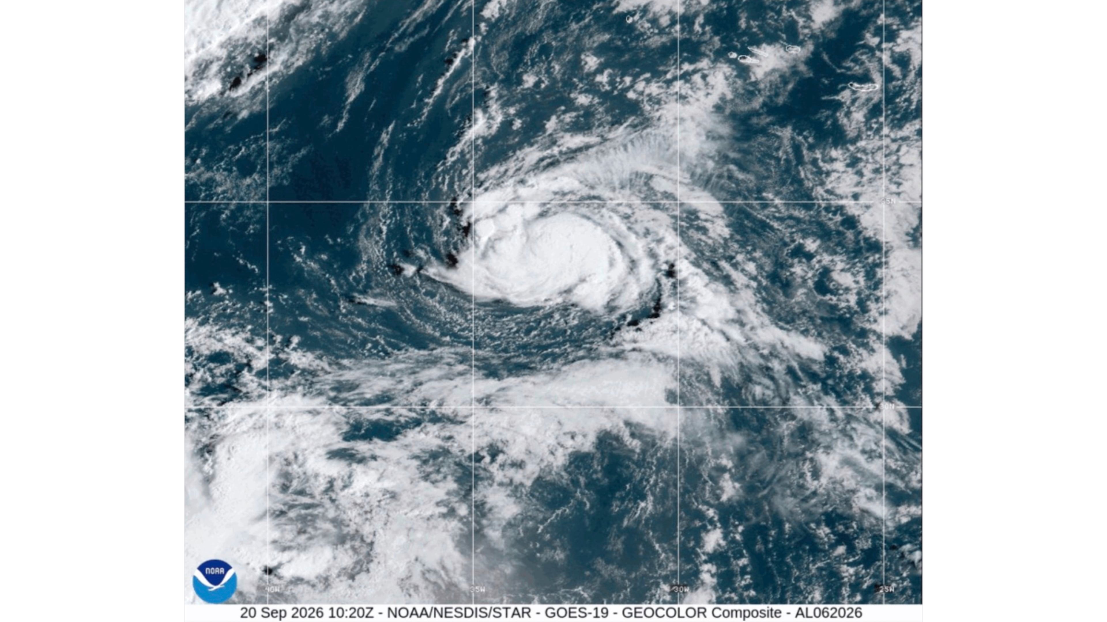 This satellite image from the National Oceanic and Atmospheric Administration shows Tropical Storm Fay, Sunday, Sept. 20, 2026. (NOAA via AP)