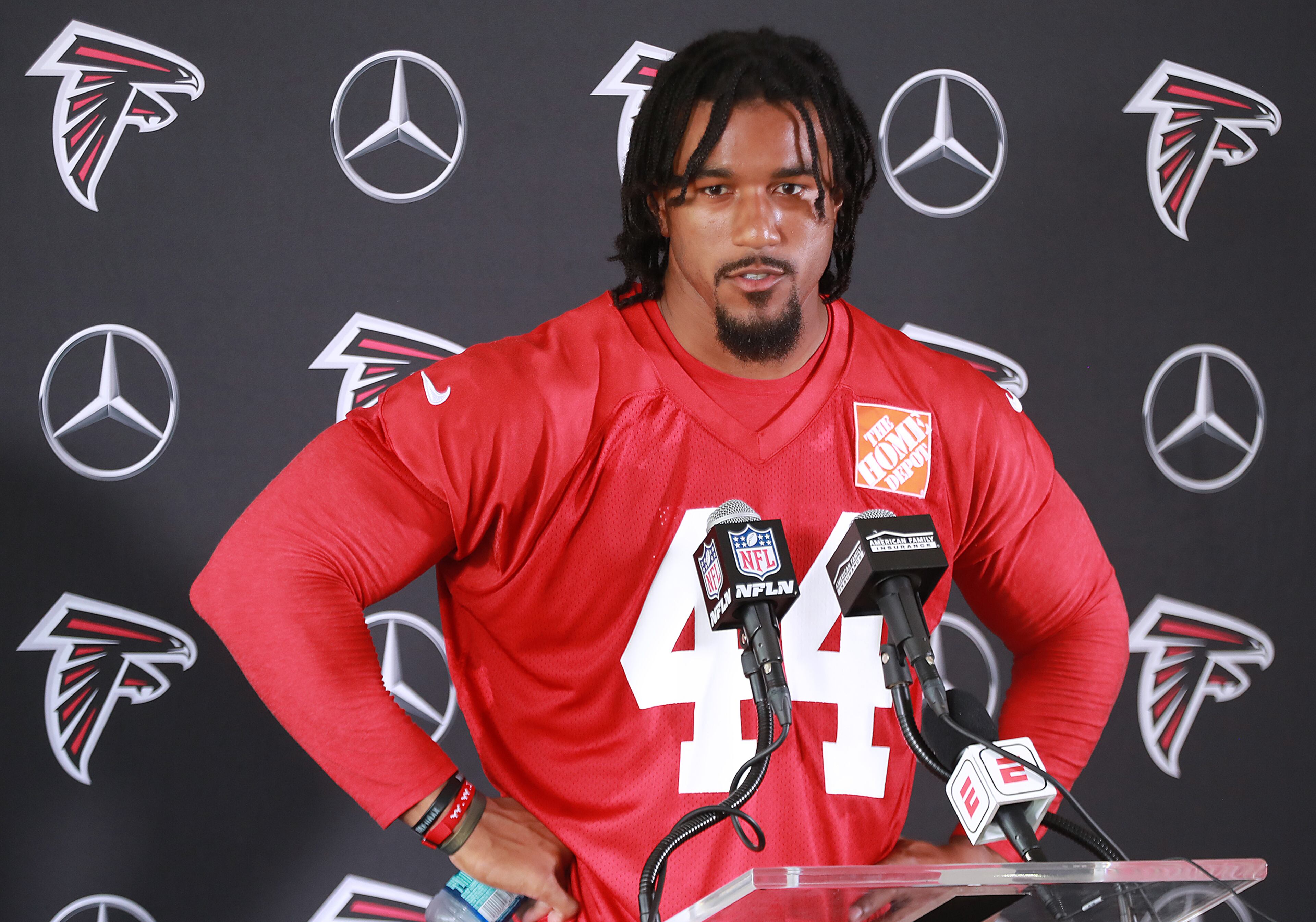 Vic Beasley Jr. takes his turn being quizzed by the media. (Curtis Compton/ccompton@ajc.com).