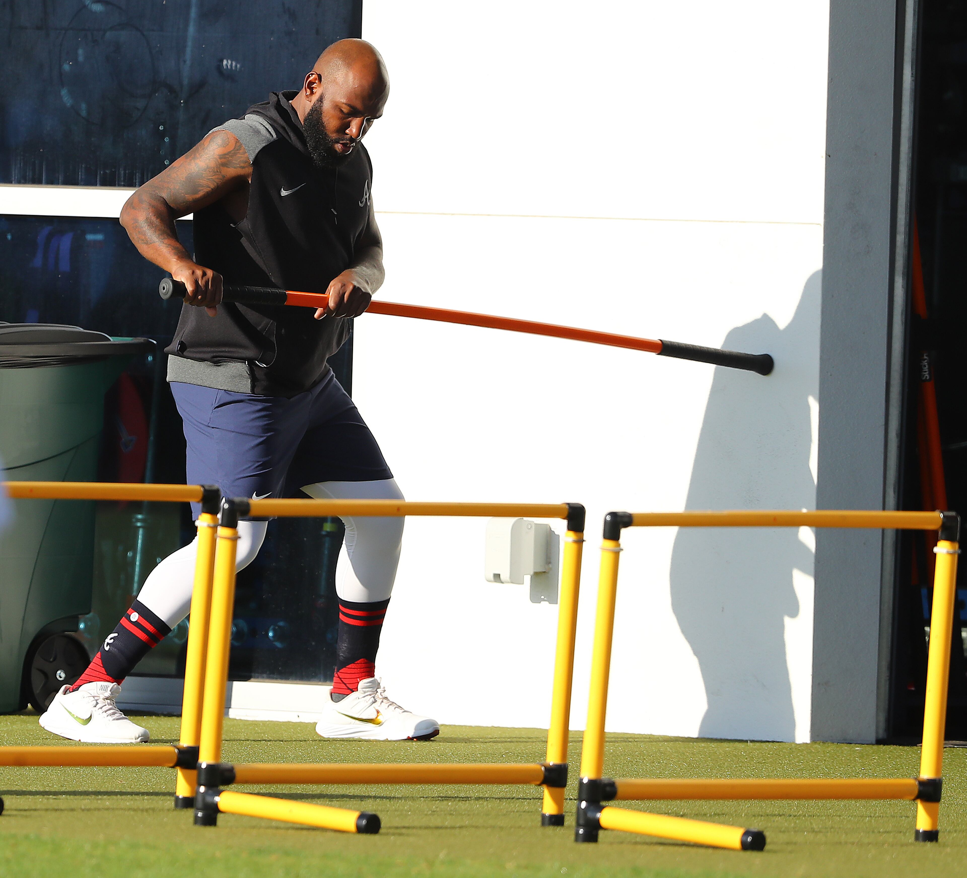 Braves outfielder Marcell Ozuna works on strength and conditioning to begin his day during Spring Training on Thursday, March 17, 2022, in North Port. “Curtis Compton / Curtis.Compton@ajc.com”
