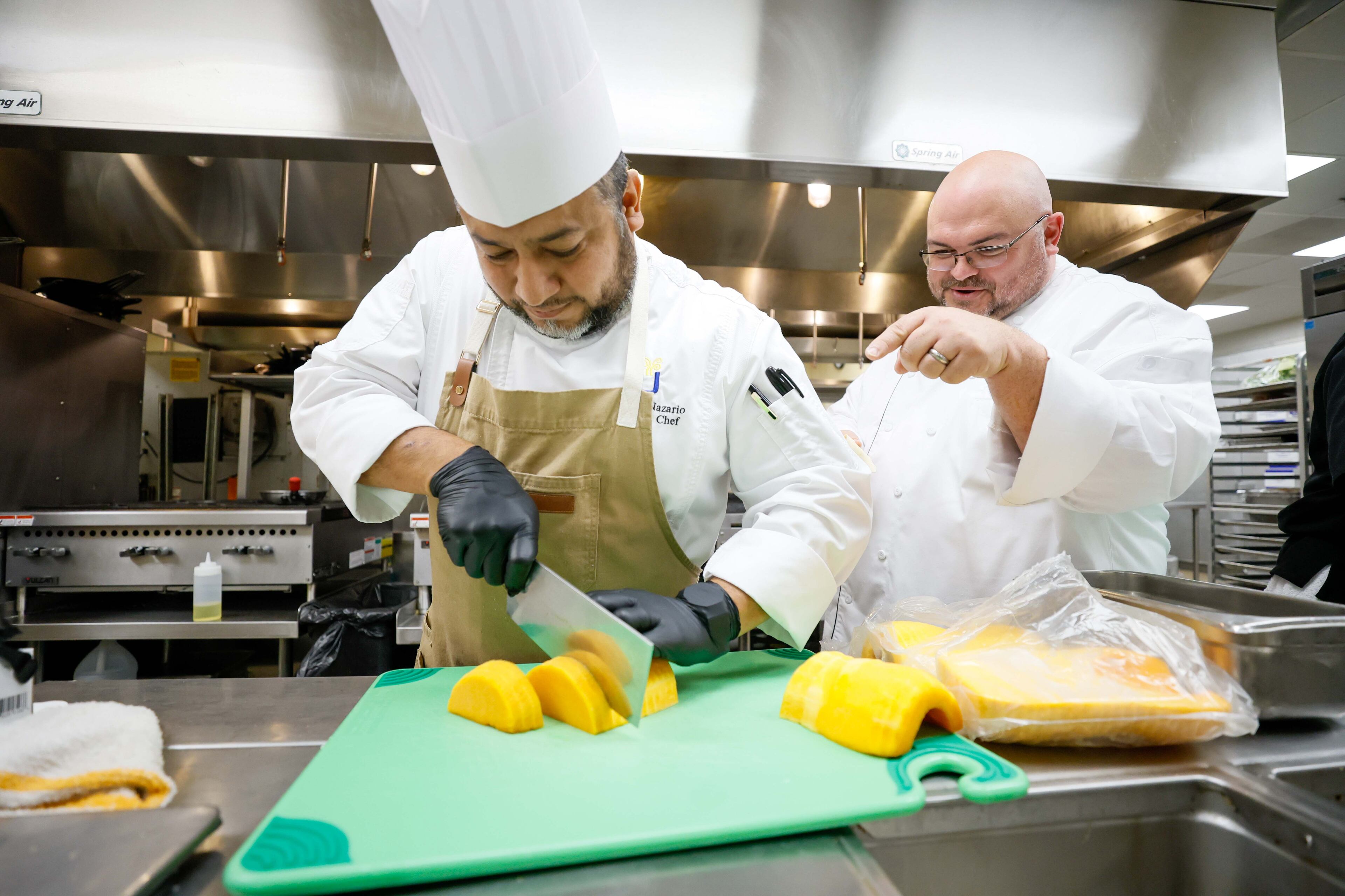 Chef Antonio Nazario, executive chef at Lenbrook retirement community, and Dining General Manager Todd Clements prepare a meal. Nazario and Clements are crafting a special menu for the Thanksgiving Day meal.
(Miguel Martinez / AJC)