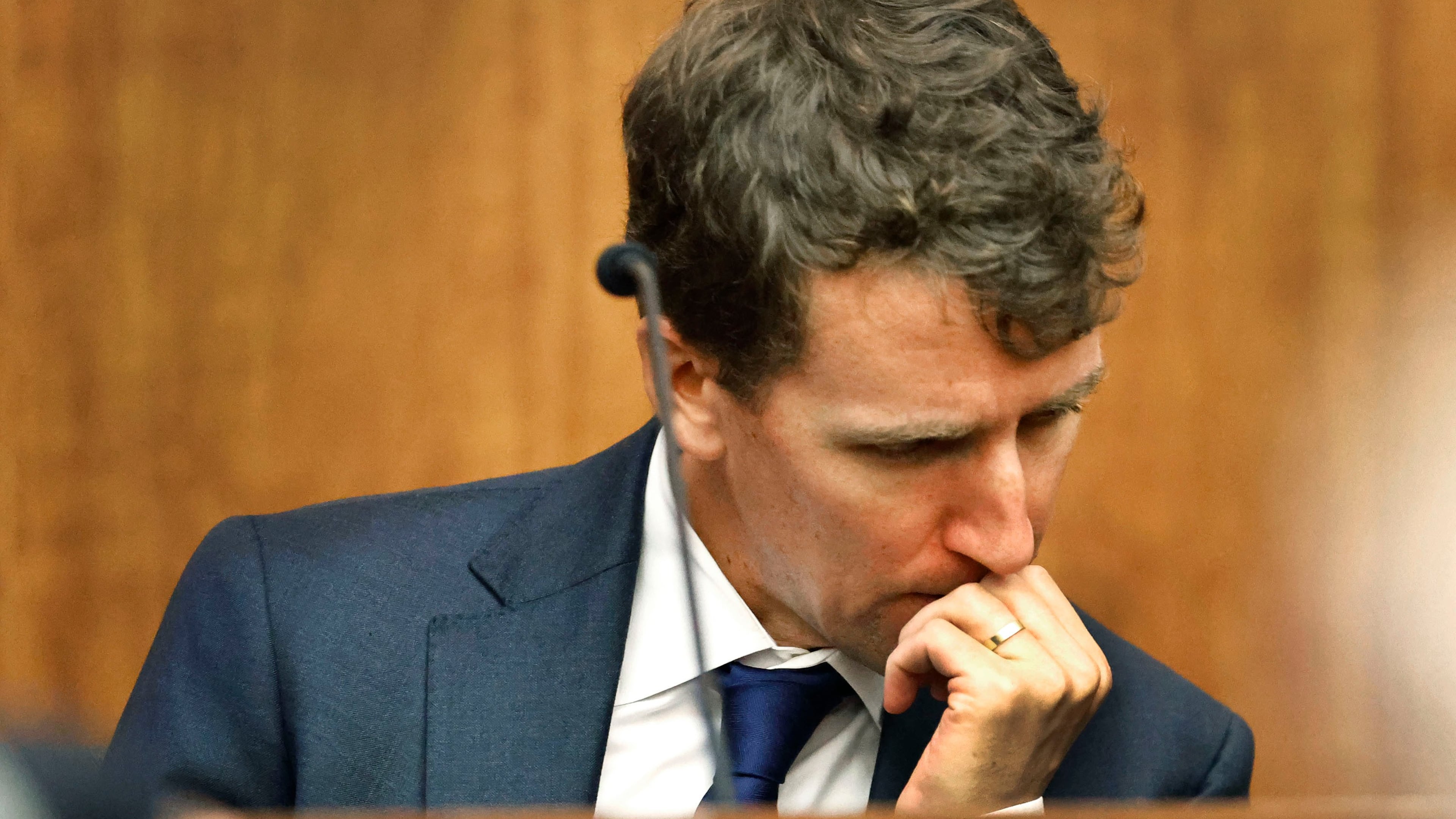 Patrick Clancy reacts as images of himself and his children on vacation a month before they were killed is shown in the courtroom at Plymouth Superior Court in Plymouth, Mass., Monday, July 27, 2026. (Greg Derr/The Patriot Ledger via AP, Pool)