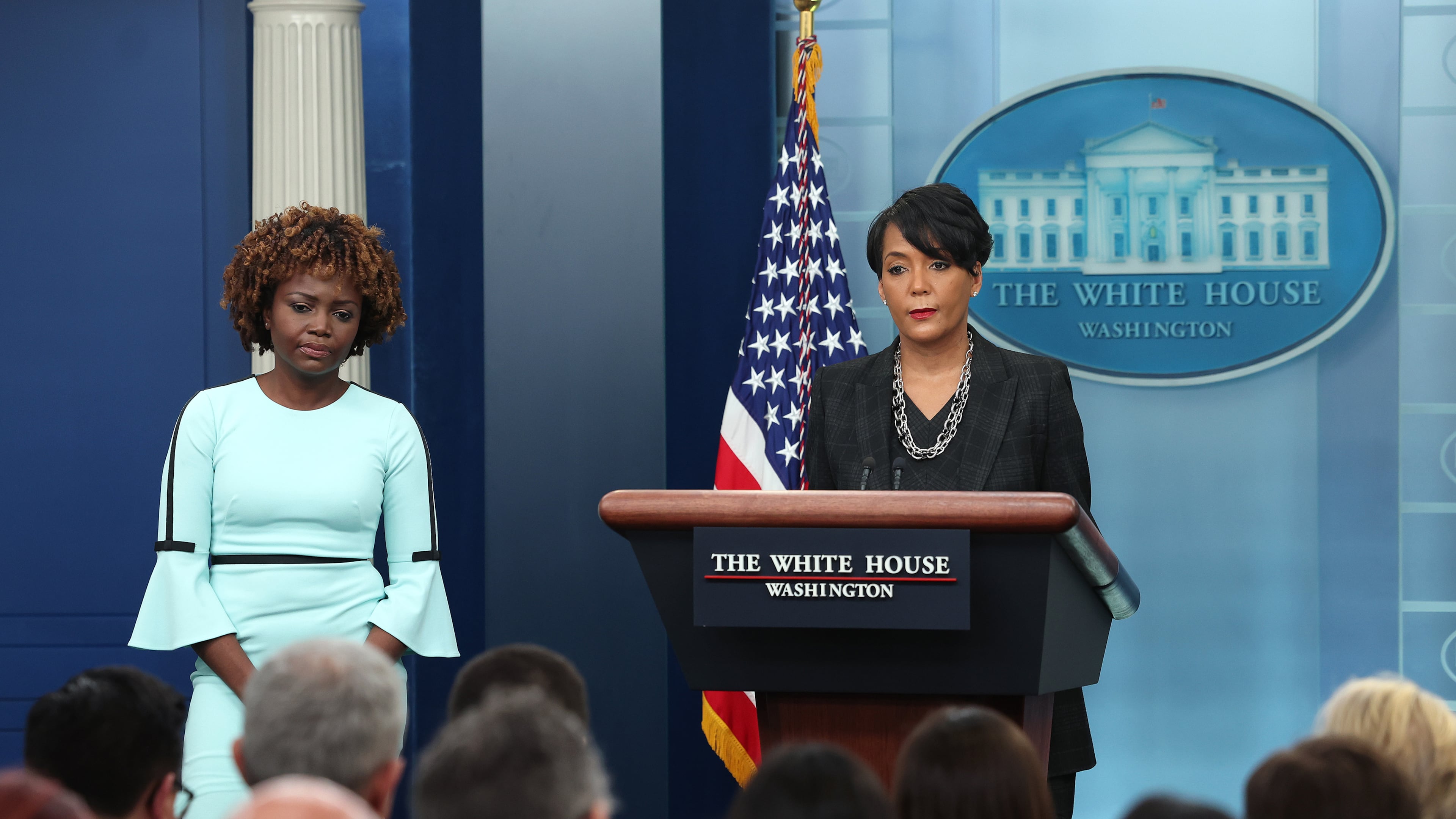 In this photo from Jan. 13, 2023, then-White House Public Engagement Advisor Keisha Lance Bottoms (R) and Press Secretary Karine Jean-Pierre hold a press briefing at the White House in Washington, DC. (Kevin Dietsch/Getty Images/TNS)