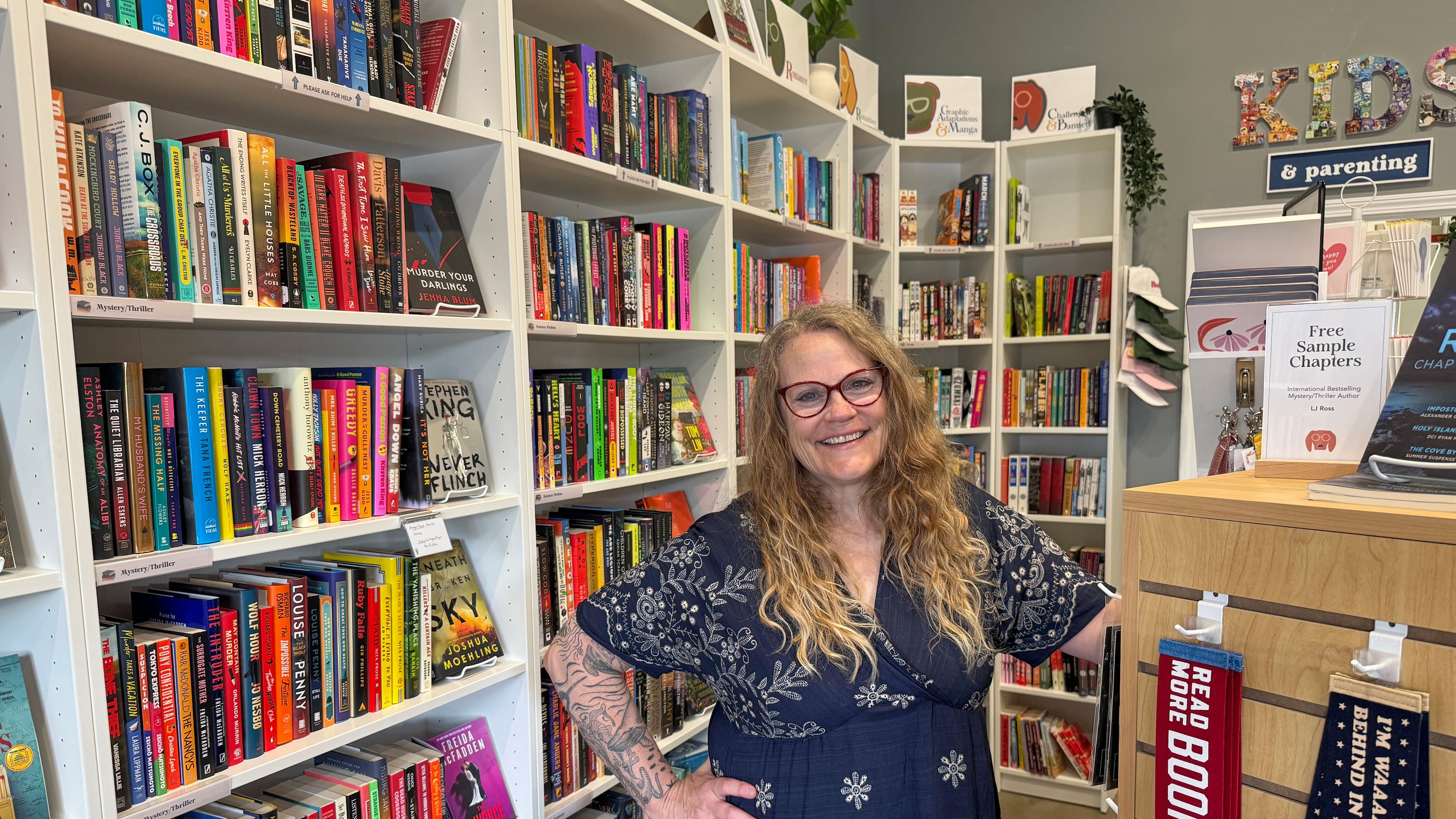 Owner Kelley Hartnett poses at her Double Dog Bookshop in Wentzville, Missouri, on Wednesday, May 27, 2026. (Photo by Bekah Ford/Double Dog Bookshop via AP)