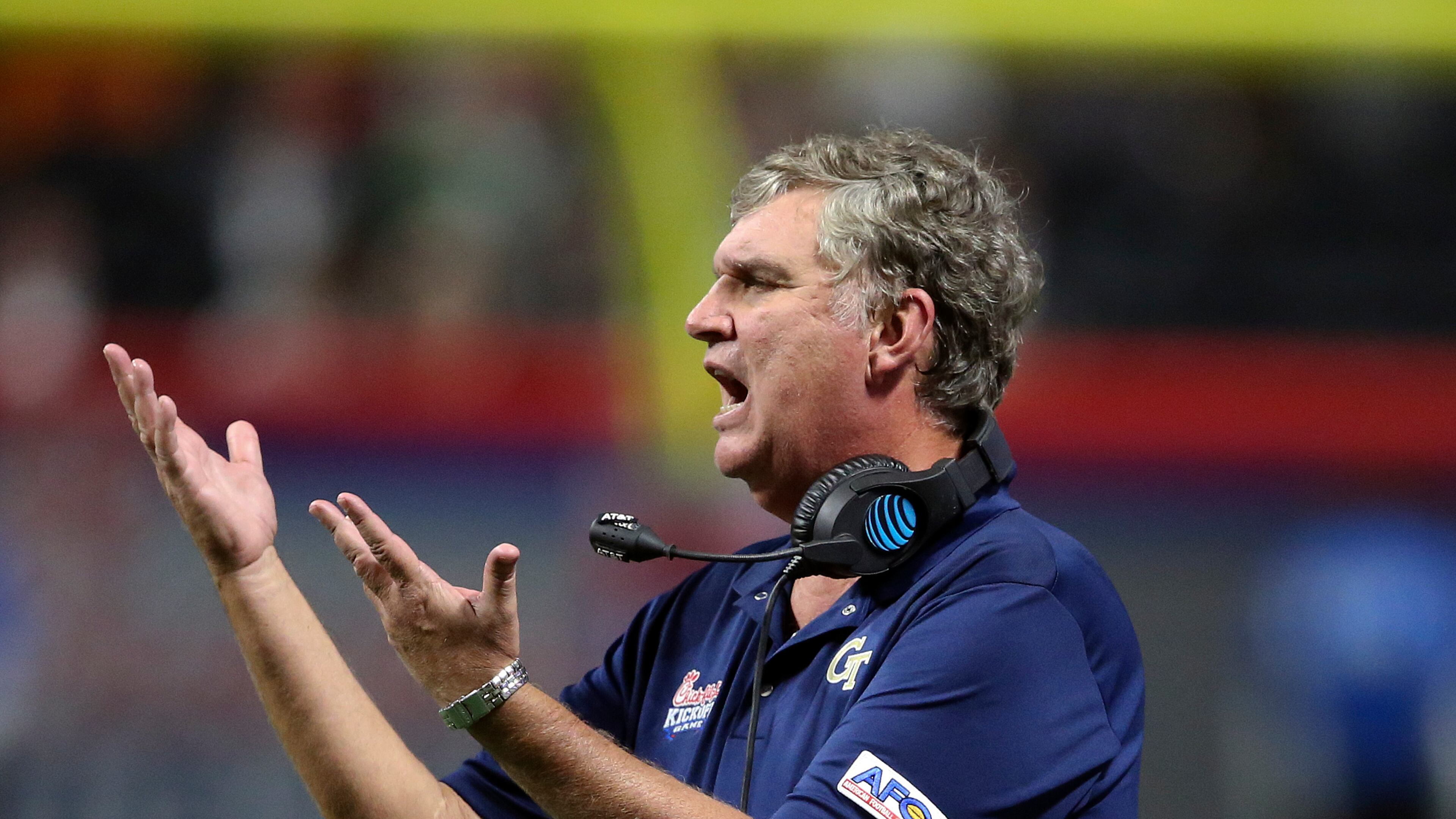 Georgia Tech head coach Paul Johnson yells to his players in the first half of an NCAA college football game against the Tennessee Monday, Sept. 4, 2017, in Atlanta. (AP Photo/John Bazemore)