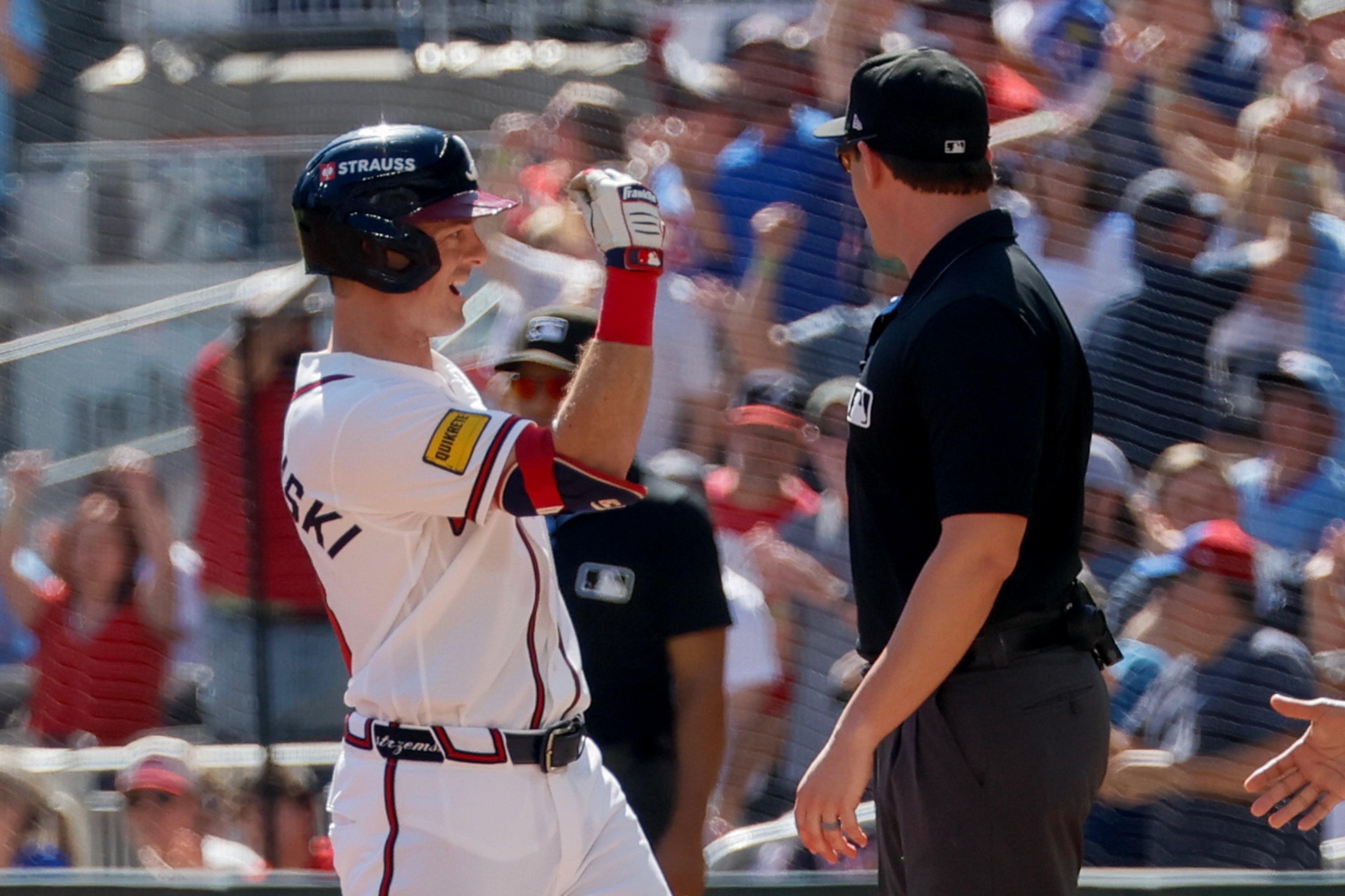Atlanta Braves designated hitter Mike Yastrzemski reacts after hitting an RBI single against the Philadelphia Phillies during the first inning of Game 1 of a MLB National League Wild Card playoff series between the Atlanta Braves and the Philadelphia Phillies, Tuesday, Sept. 29, 2026, in Atlanta. (Miguel Martinez/AJC)