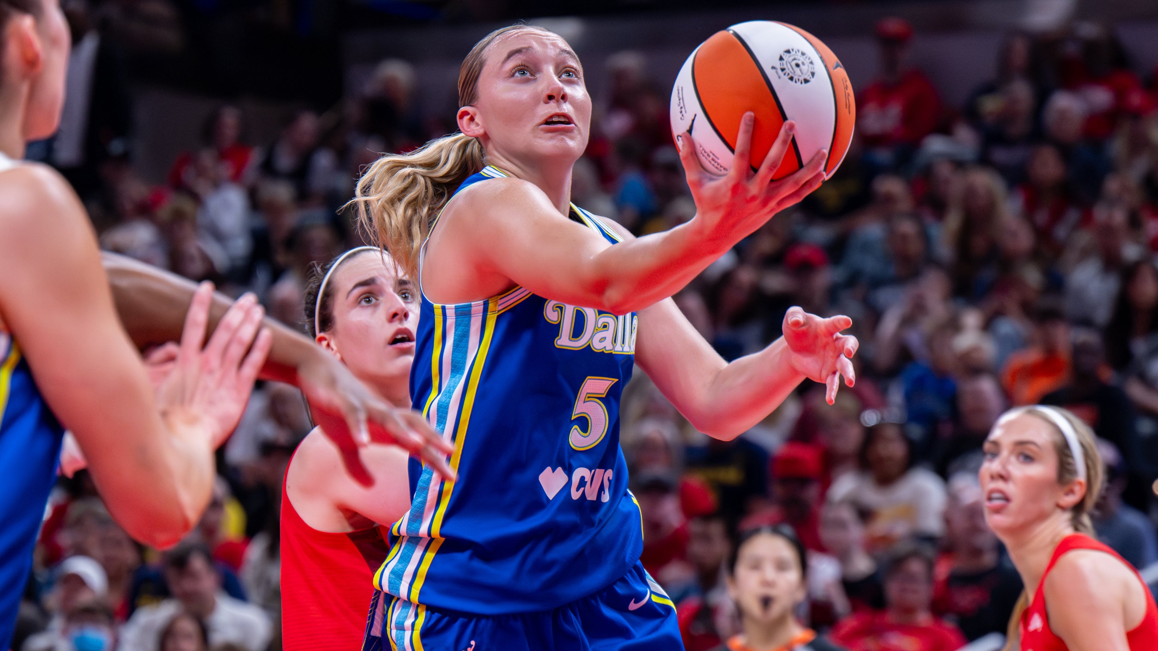 Dallas Wings guard Paige Bueckers (5) looks to shoot during the first half of an WNBA basketball game against the Indiana Fever in Indianapolis, Saturday, May 9, 2026. (AP Photo/Doug McSchooler)