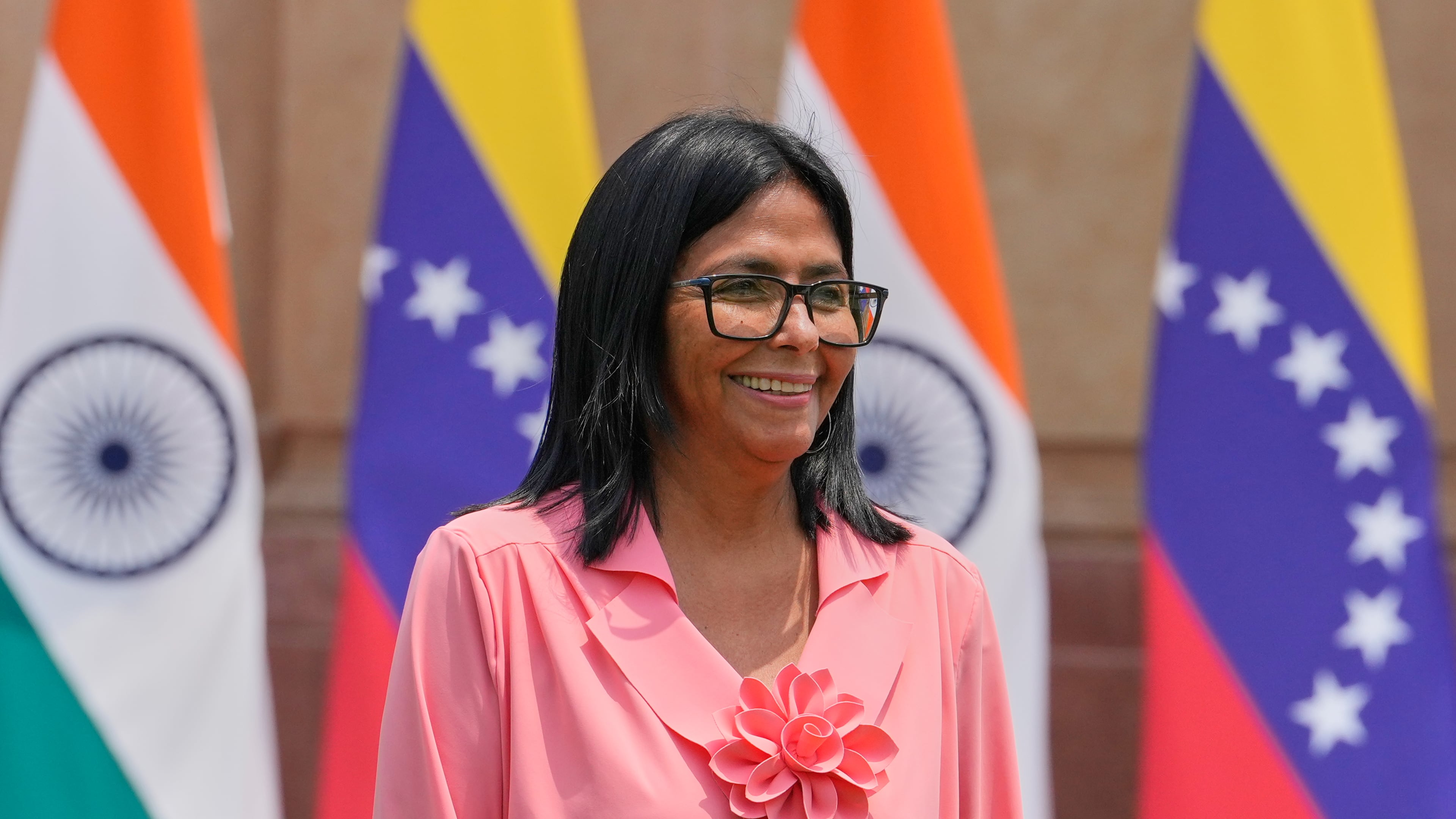 Venezuela's acting President Delcy Rodriguez arrives for a meeting with Indian Prime Minister Narendra Modi in New Delhi, India, Thursday, June 4, 2026. (AP Photo/Manish Swarup)