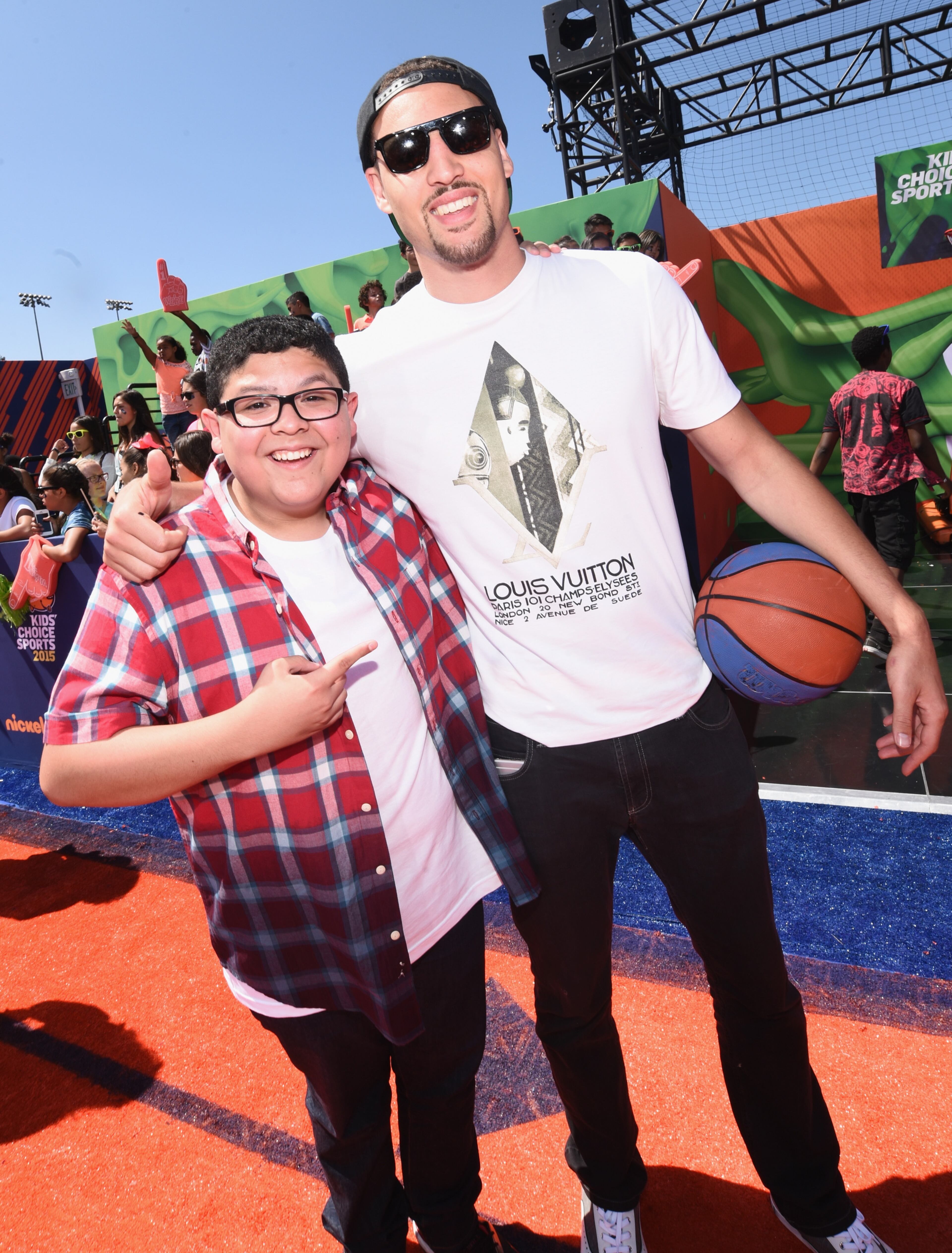 WESTWOOD, CA - JULY 16: Actor Rico Rodriguez (L) and NBA player Klay Thompson attend the Nickelodeon Kids' Choice Sports Awards 2015 at UCLA's Pauley Pavilion on July 16, 2015 in Westwood, California. (Photo by Michael Buckner/Getty Images For KCSports2015)