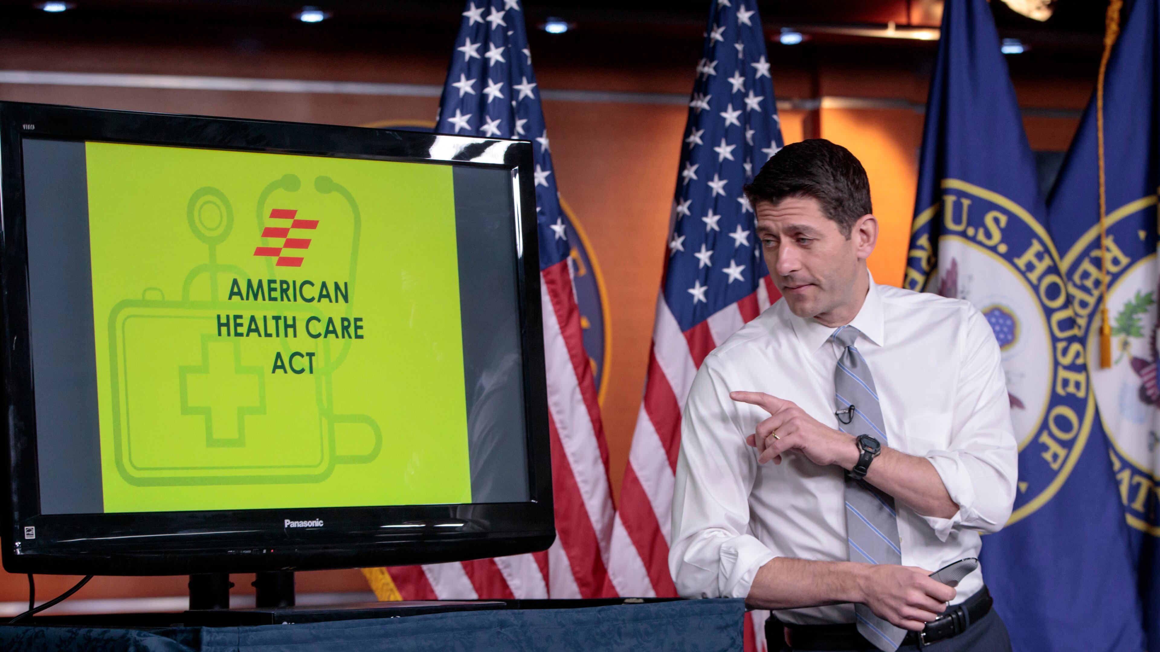 House Speaker Paul Ryan of Wis. uses charts and graphs to make his case for the GOP's long-awaited plan to repeal and replace the Affordable Care Act, Thursday, March 9, 2017, during a news conference on Capitol Hill in Washington. (AP Photo/J. Scott Applewhite)