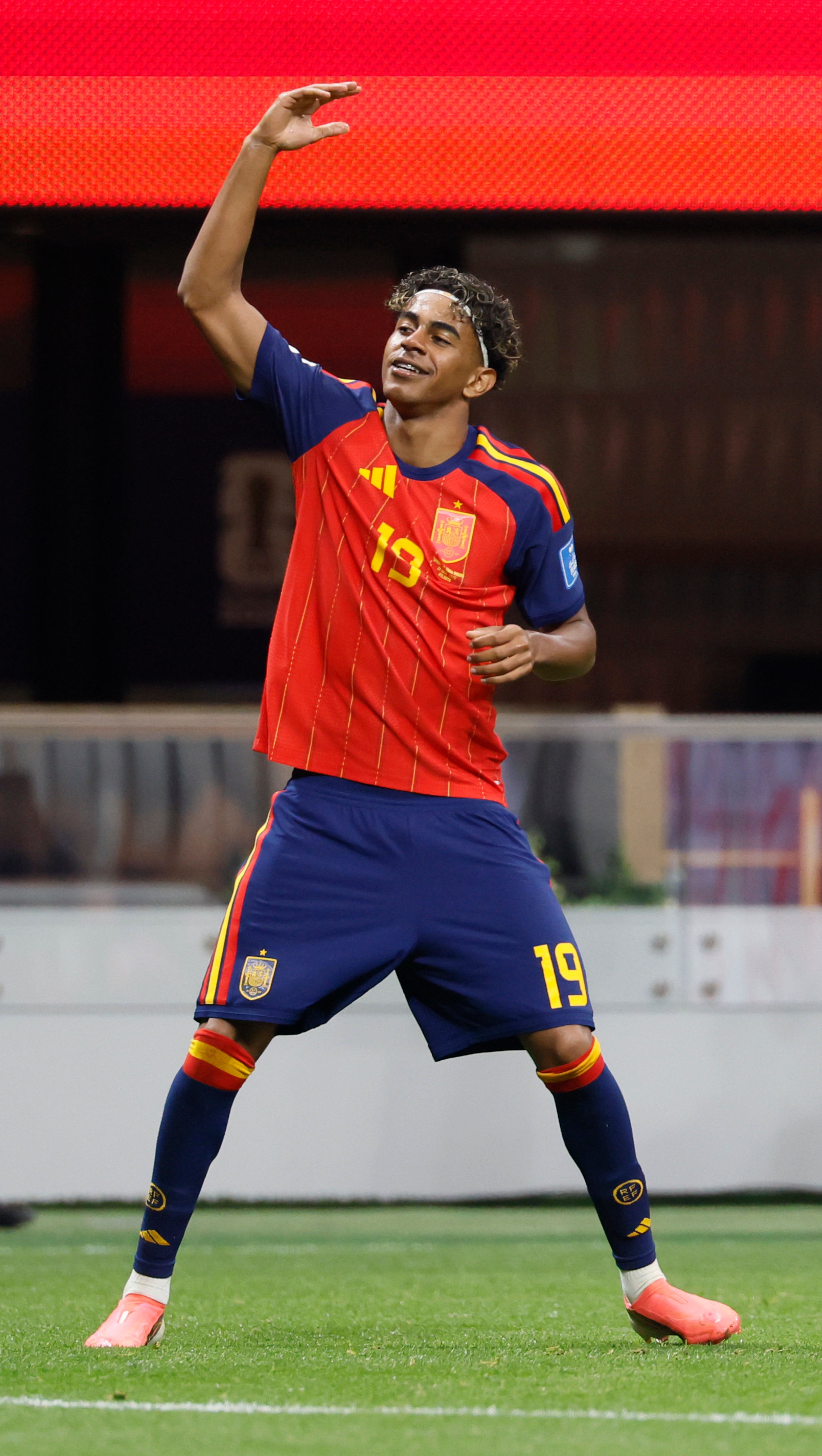 Spain's Lamine Yamal celebrates his goal around the 10-minute mark during the first half of the Spain vs. Saudi Arabia World Cup match Sunday, June 21, 2026, at Atlanta Stadium. (Miguel Martinez/AJC)