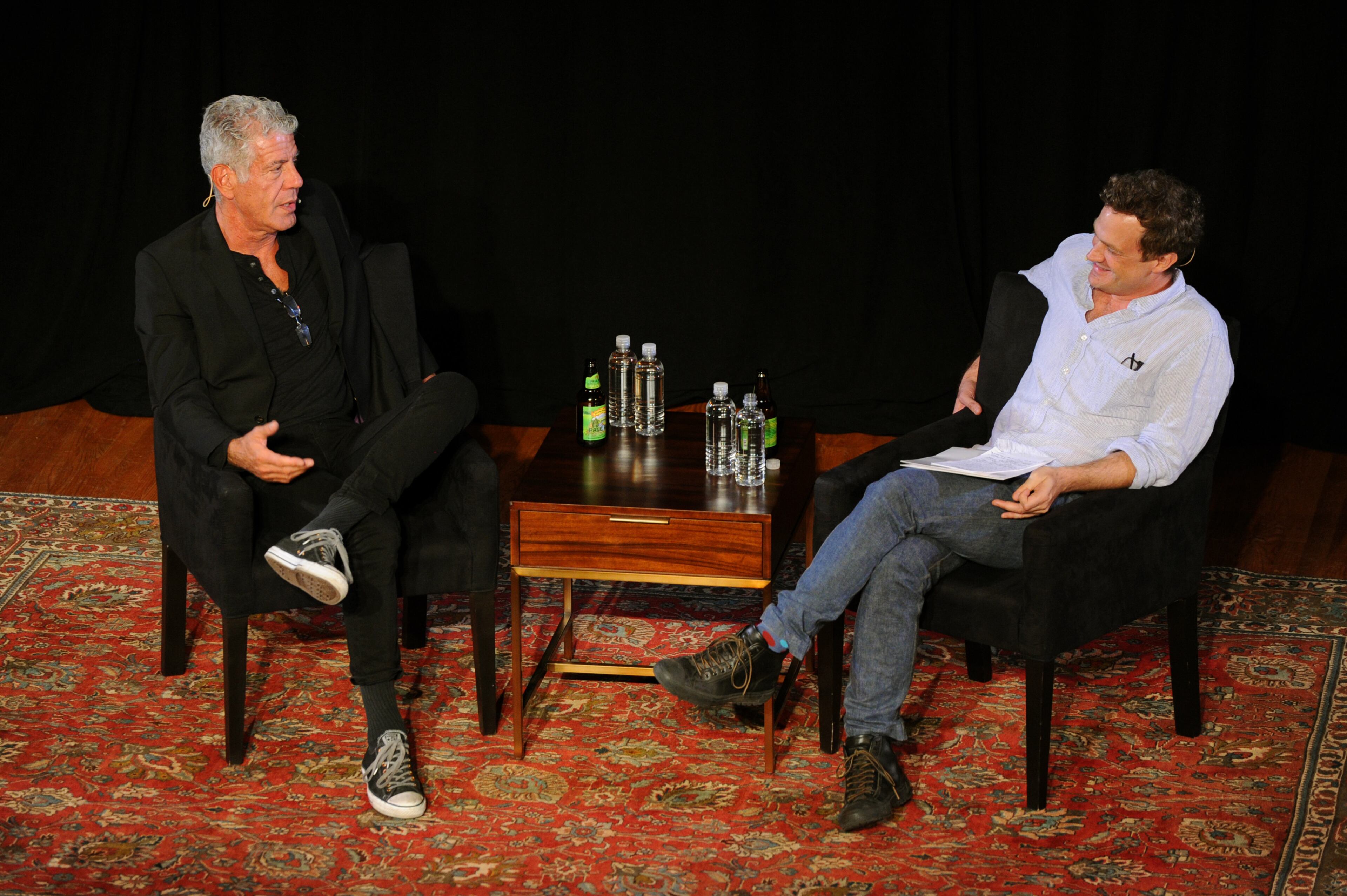 NEW YORK, NY - OCTOBER 07: Anthony Bourdain (L) and Patrick Radden Keefe speak onstage during the panel Anthony Bourdain talks with Patrick Radden Keefe at New York Society for Ethical Culture on October 7, 2017 in New York City. (Photo by Craig Barritt/Getty Images for The New Yorker)