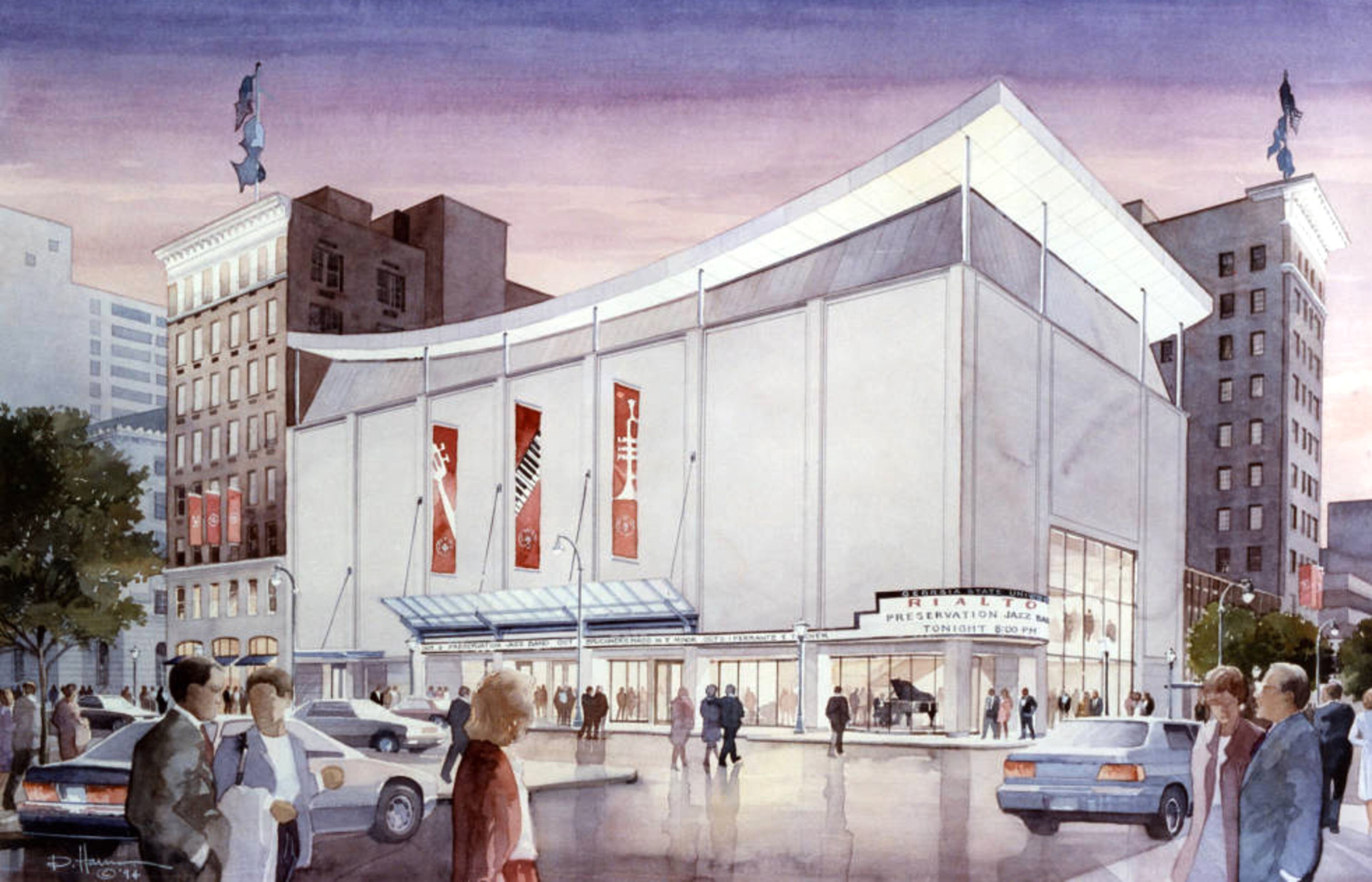 RIALTO THEATRE (1994): This image was used during GSU's fundraising campaign to renovate the Rialto Theatre. The curved roof didn't come about and the corner marquee changed from this design, but otherwise this drawing is very similar to how the building looks today. Note that the street corner at left is an empty lot â today it's the site of the Aderhold Learning Center building. (AJCP292-017a, AJC Archive at GSU Library)
