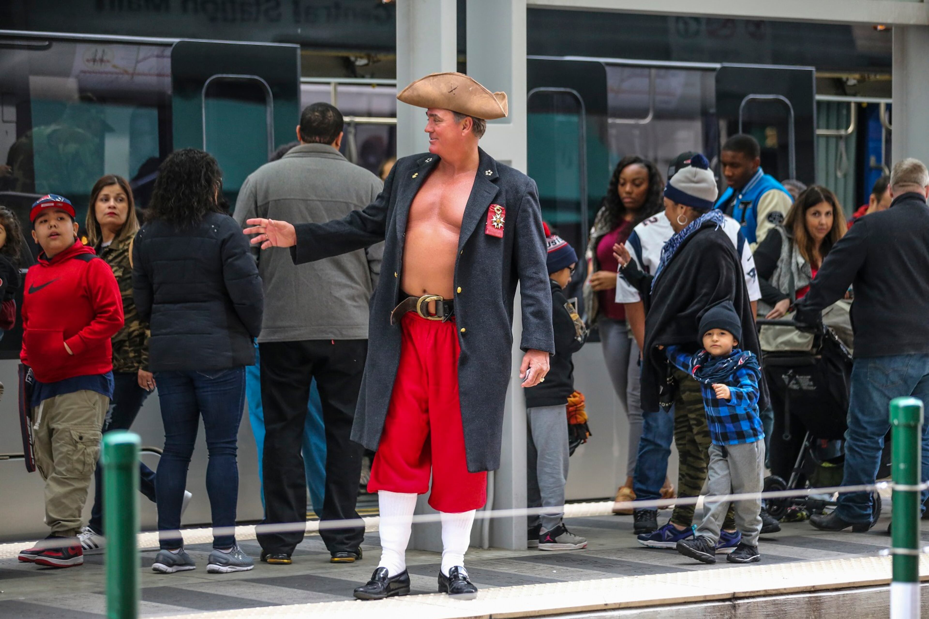 February, 2017 Houston: Philippe Brayton , aka "Paul Revealer" greeted fans in downtown Houston near the streetcar Central Station on Saturday, Feb. 4, 2017. Fans enjoy the NFL Experience and Super Bowl Live in downtown Houston on Saturday, Feb. 4, 2017. The Super Bowl 51 will be played Sunday between The Atlanta Falcons and the New England Patriots for the World Championship. JOHN SPINK /JSPINK@AJC.COM