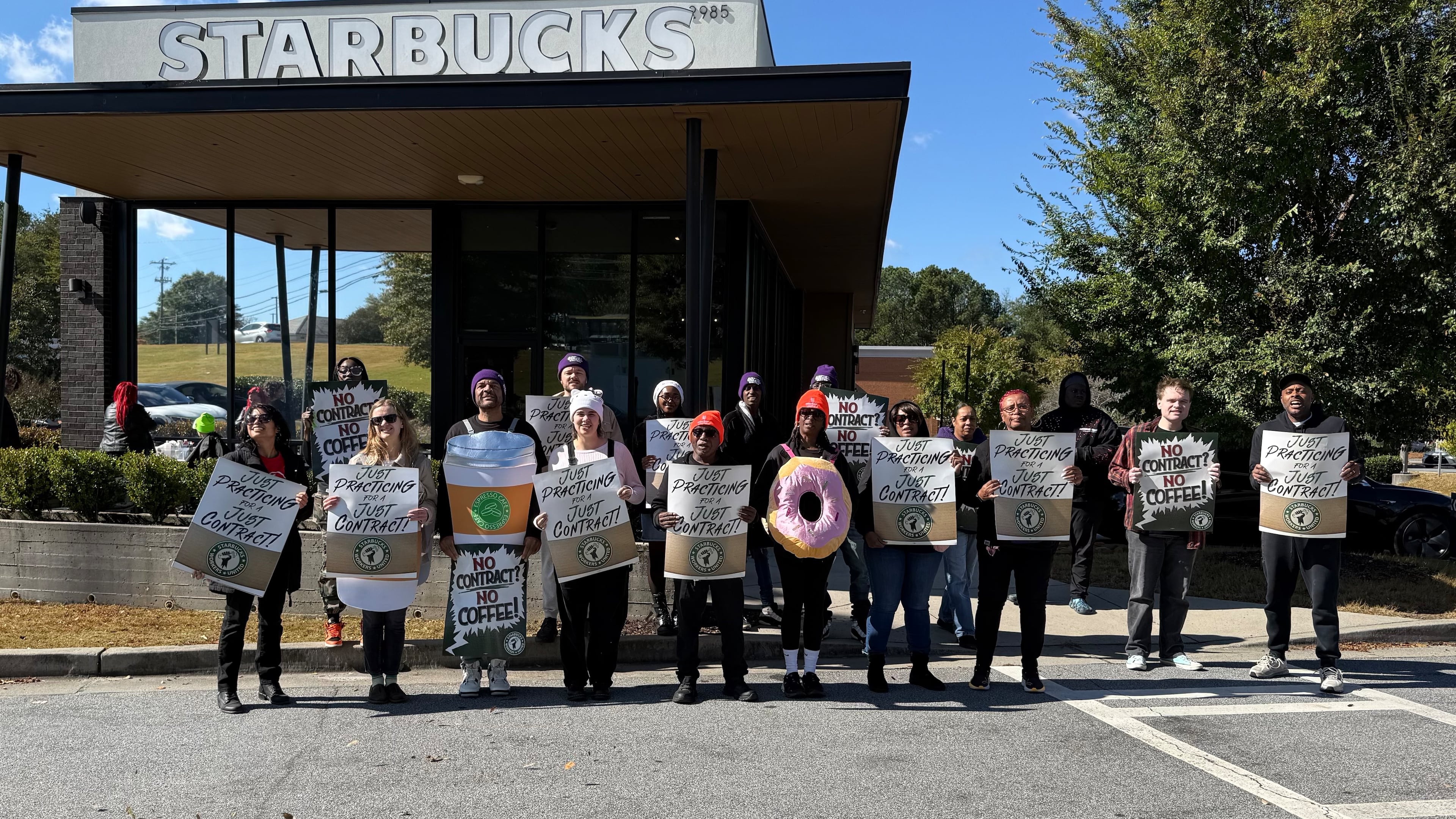 Starbucks workers take part in a practice picket recently. (Courtesy of Starbucks Workers United)