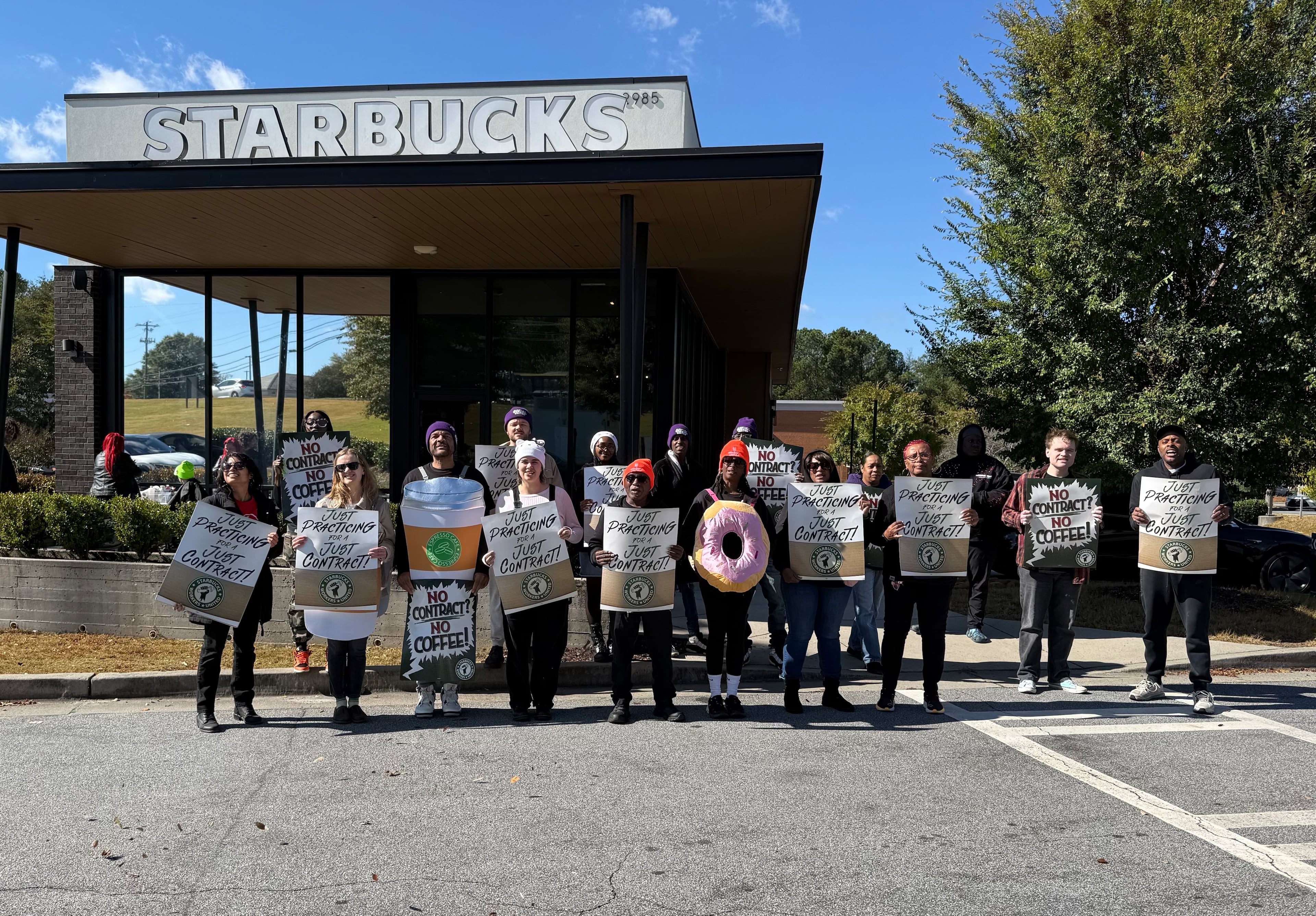 Starbucks workers during a practice picket in November 2025. (Courtesy of Starbucks Workers United)