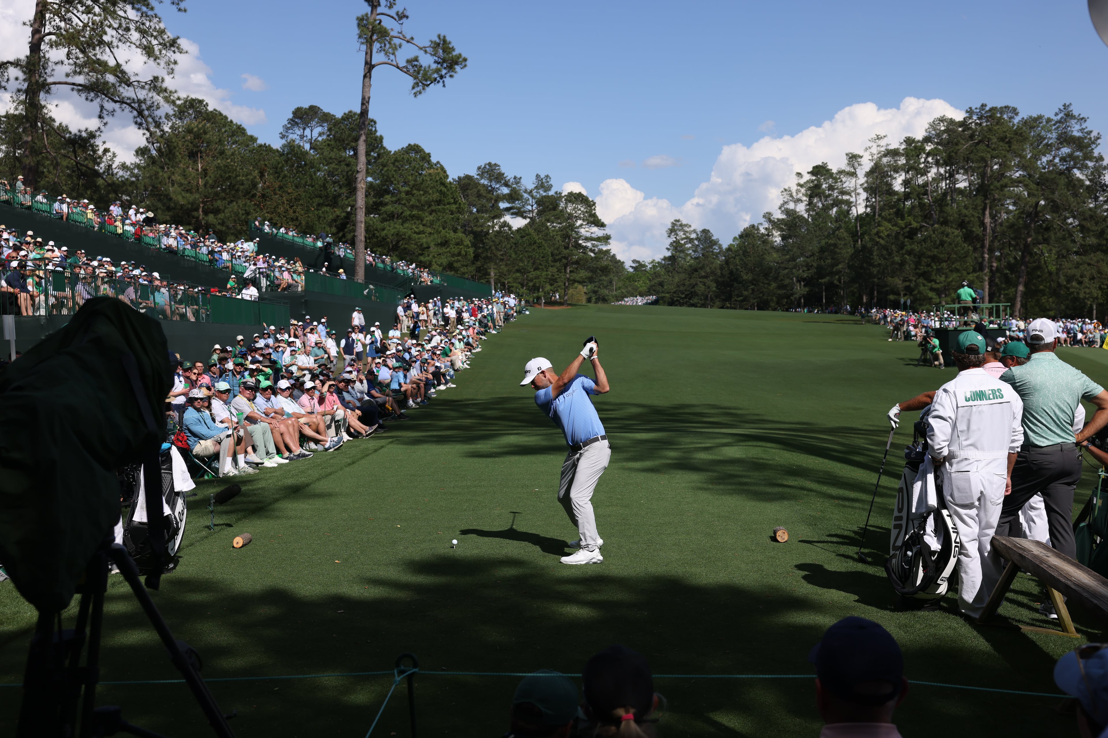 Brian Harman tees off on 14th hole during second round of the Masters golf tournament, at Augusta National Golf Club, Friday, April 11, 2025, in Augusta, Ga. (Jason Getz/AJC)