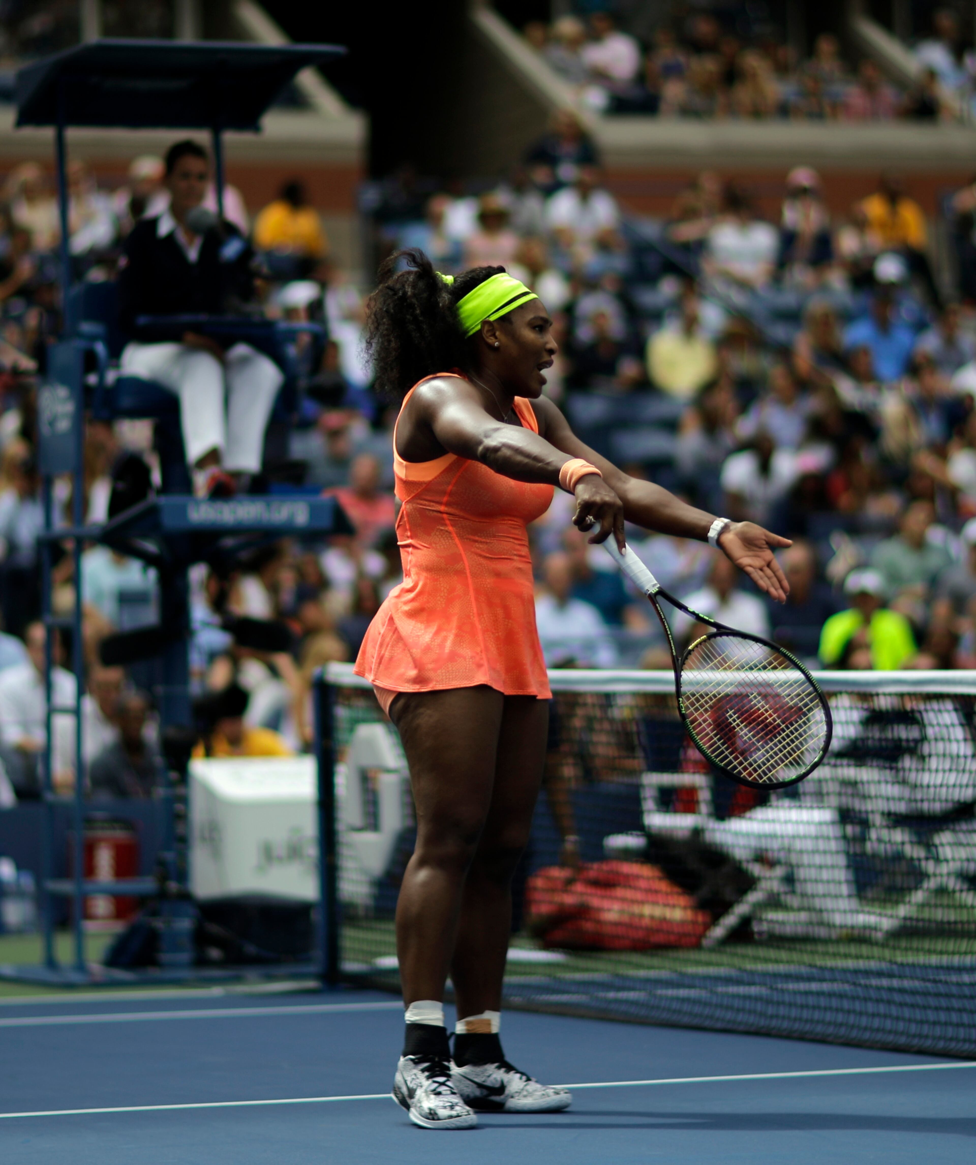 Serena Williams reacts after losing a point to Roberta Vinci, of Italy, during a semifinal match at the U.S. Open tennis tournament, Friday, Sept. 11, 2015, in New York. (AP Photo/David Goldman)