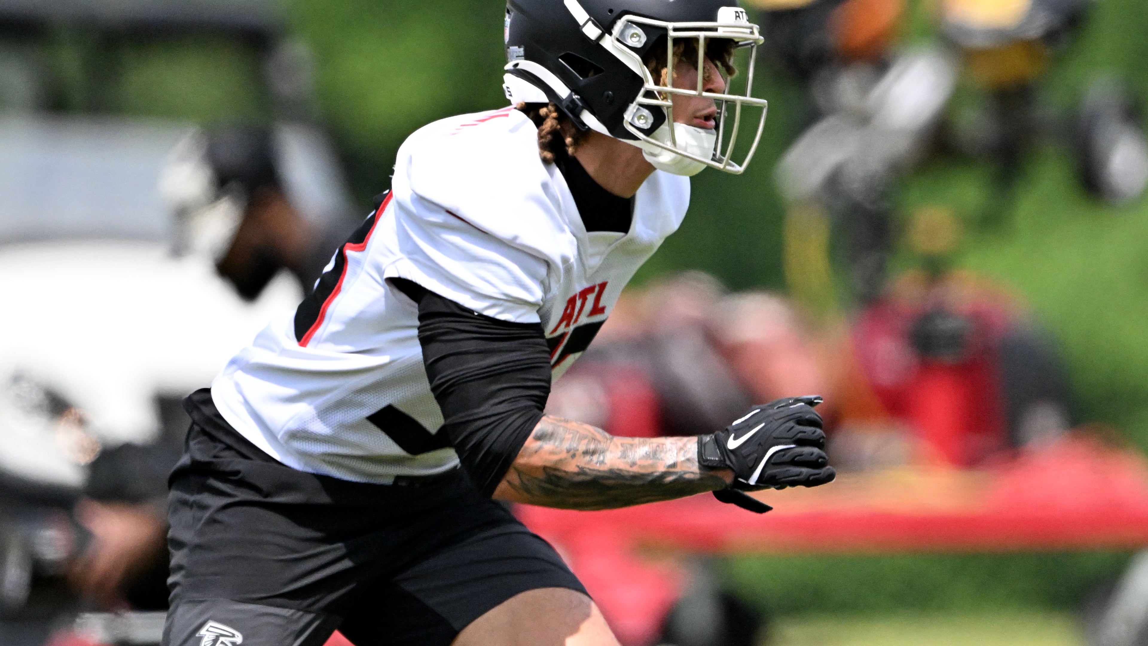 Atlanta Falcons defensive back Billy Bowman Jr. runs a drill during the Atlanta Falcons rookie minicamp at the Atlanta Falcons Training Camp, Friday, May 9, 2025, in Flowery Branch. (Hyosub Shin/AJC)