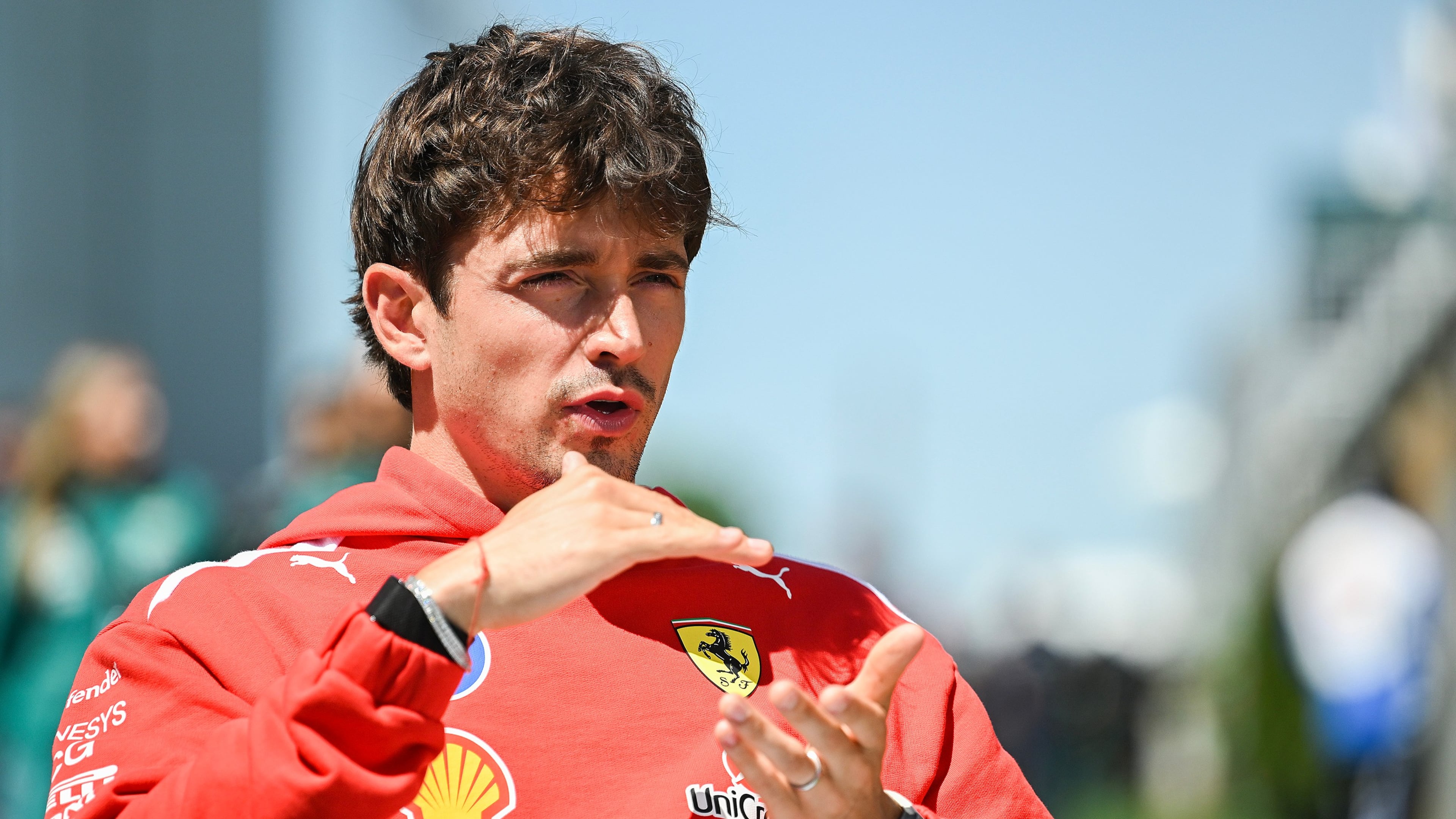 Ferrari driver Charles Leclerc, of Monaco, speaks during an interview at the F1 Canadian Grand Prix auto race, Thursday, May 21, 2026, in Montreal. (Graham Hughes/The Canadian Press via AP)