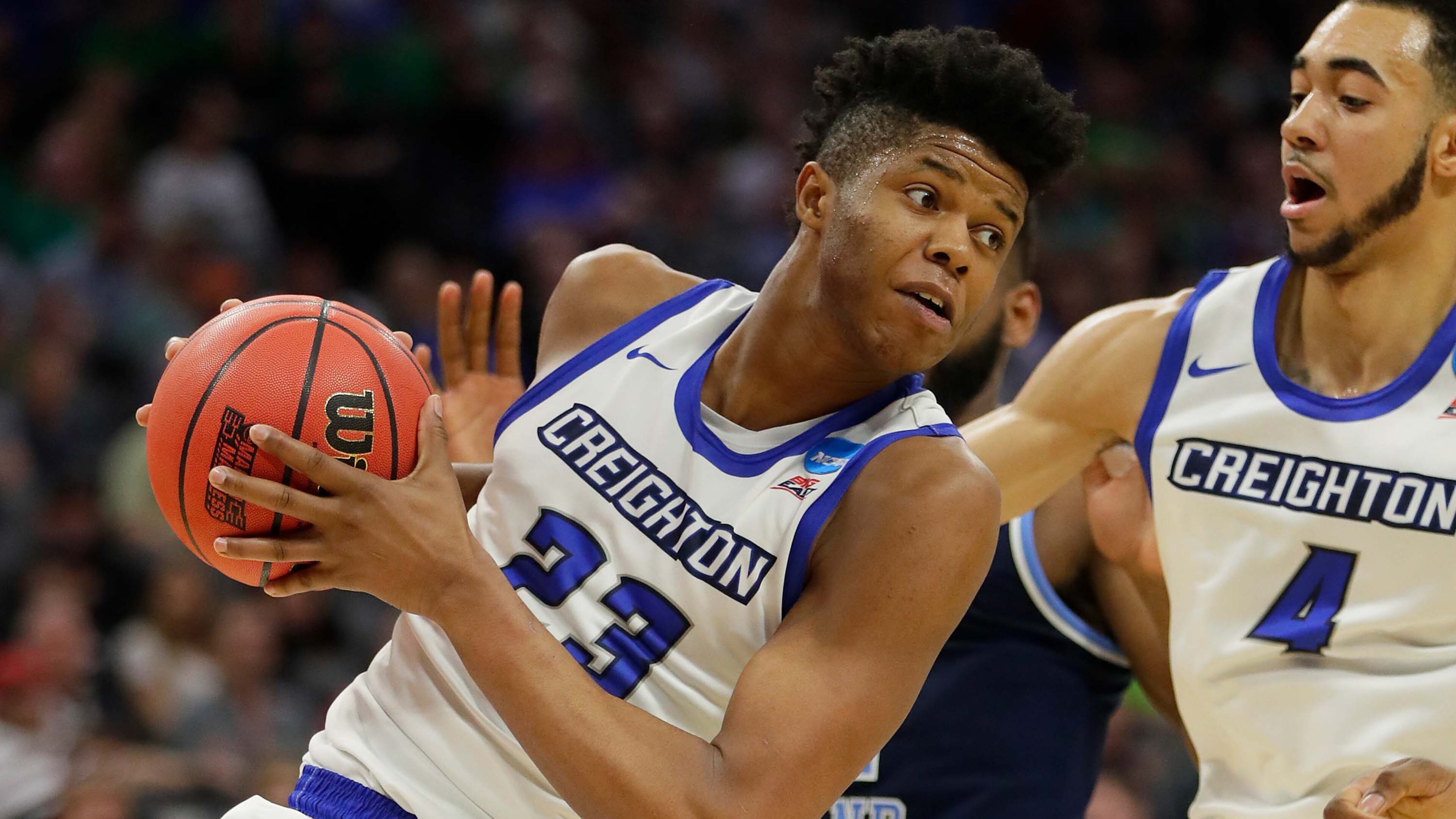 SACRAMENTO, CA - MARCH 17: Justin Patton #23 of the Creighton Bluejays handles the ball against the Rhode Island Rams during the first round of the 2017 NCAA Men's Basketball Tournament at Golden 1 Center on March 17, 2017 in Sacramento, California. (Photo by Jamie Squire/Getty Images)