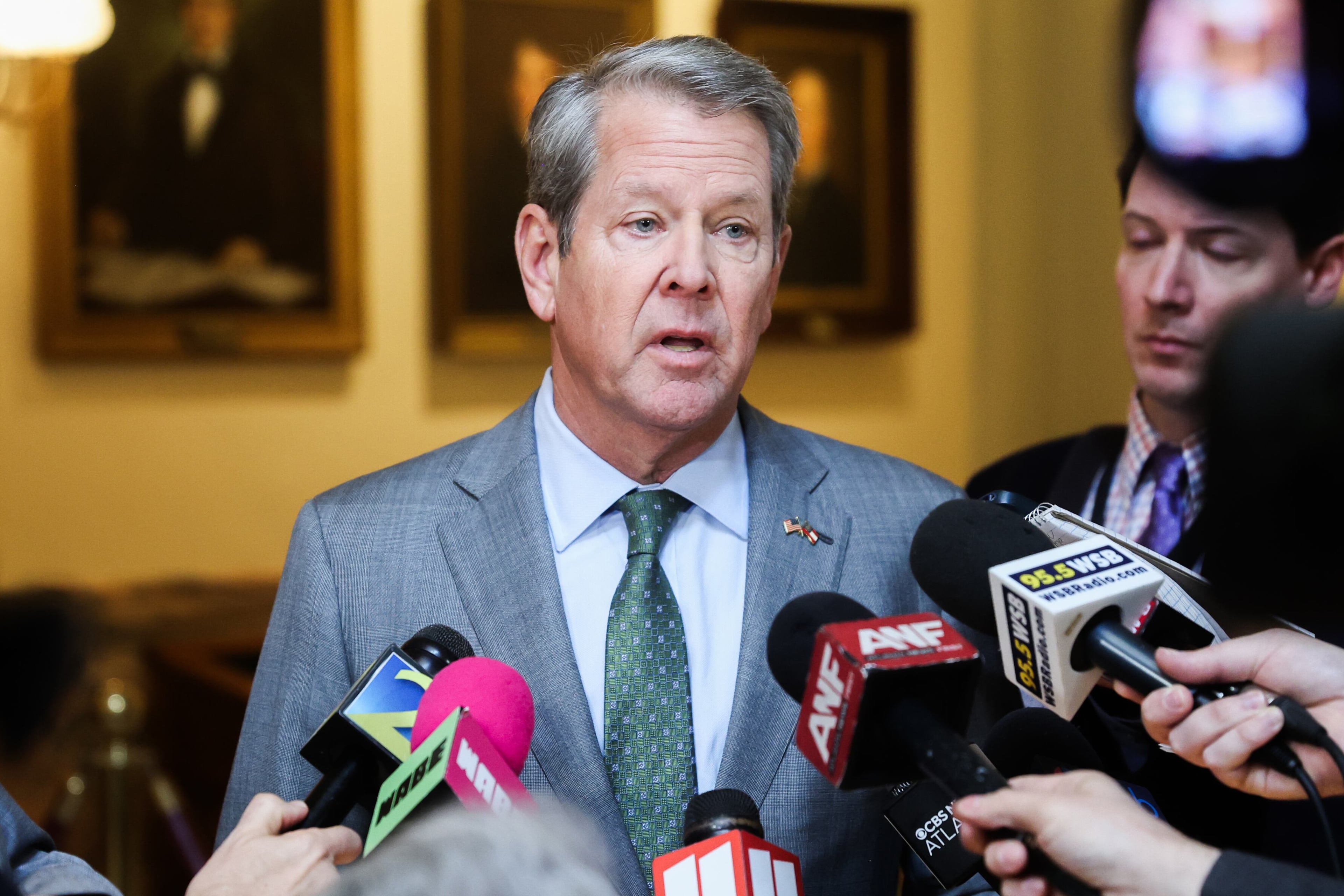 Governor Brian Kemp is interviewed by the press after announcing a partnership between the state and the IRS on a new education tax credit at the Capitol in Atlanta on Tuesday, Jan. 20, 2026. (Abbey Cutrer/AJC)
