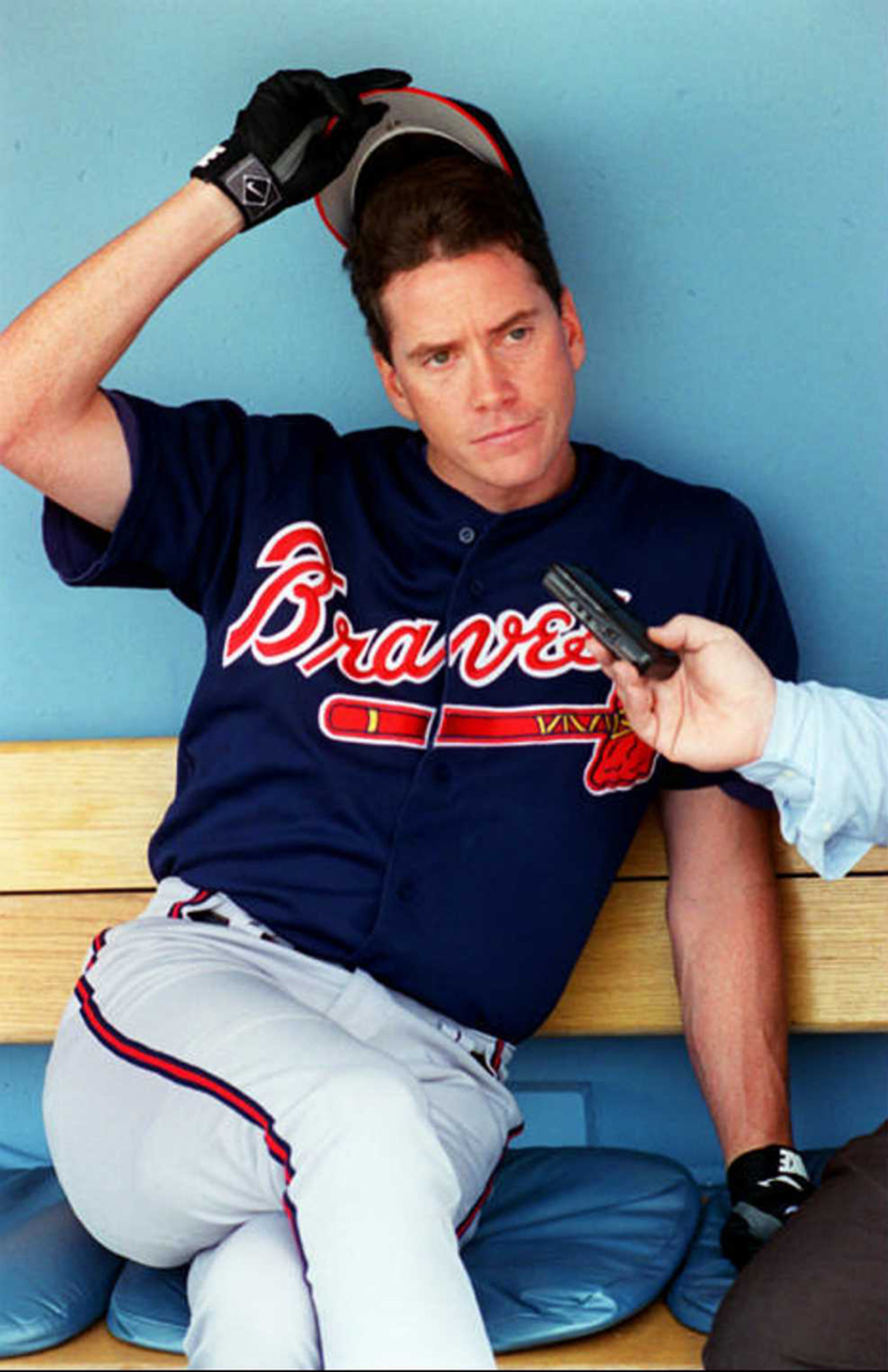 Altanta Braves starting pitcher Tom Glavine talks to a reporter before the Braves workout at Dodgers Stadium in Los Angeles Monday, Sept. 30, 1996. The series between the Braves and the Los Angeles Dodgers began Wednesday, Oct. 2, 1996, in Los Angeles with Glavine starting Game 3 in Alanta.