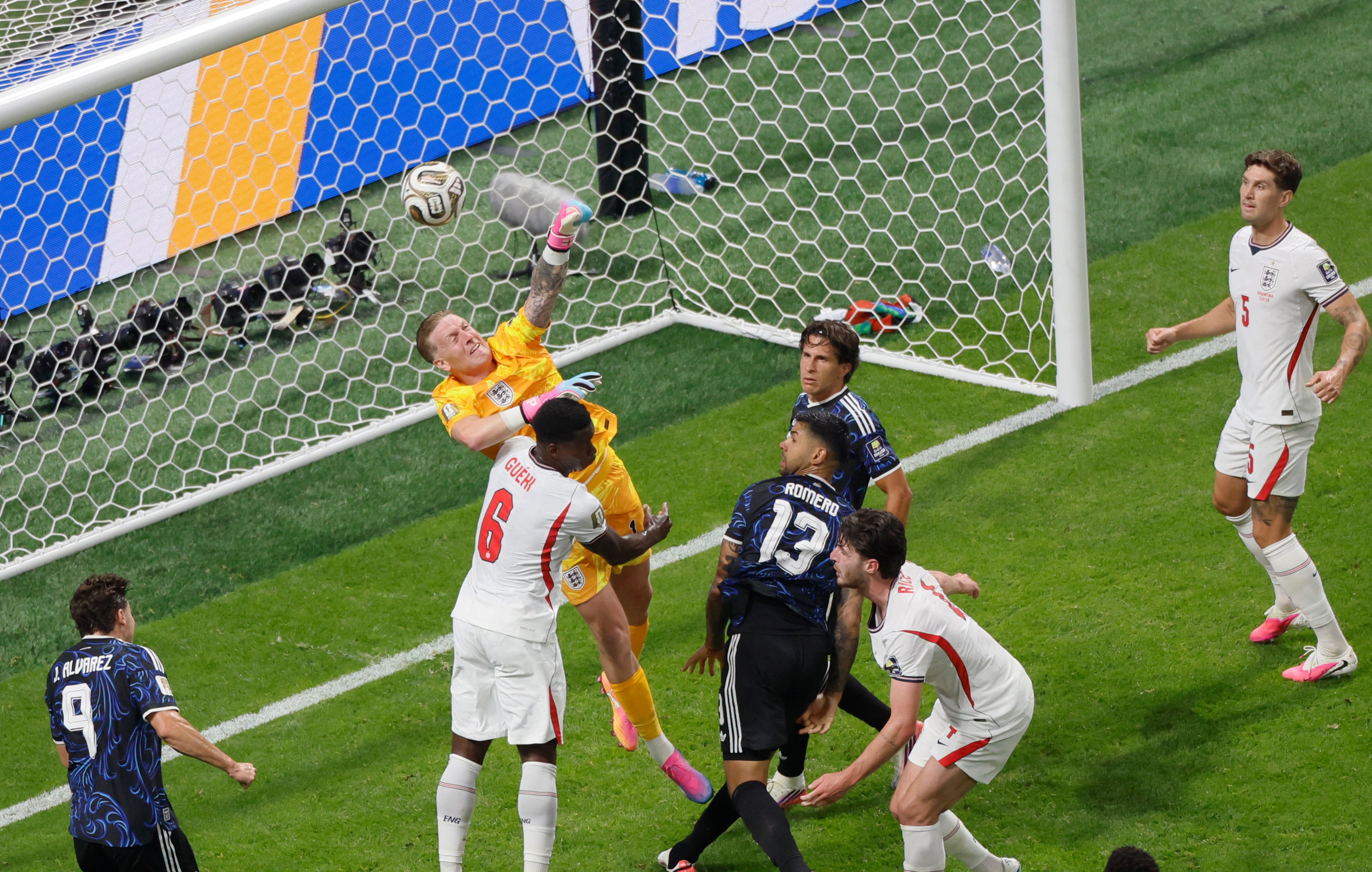 England goalkeeper Jordan Pickford reaches for ball during first half of Argentina vs. England FIFA World Cup Semifinal match at Atlanta Stadium (Mercedes-Benz Stadium) on Wednesday, July 15, 2026. (Miguel Martinez/AJC)