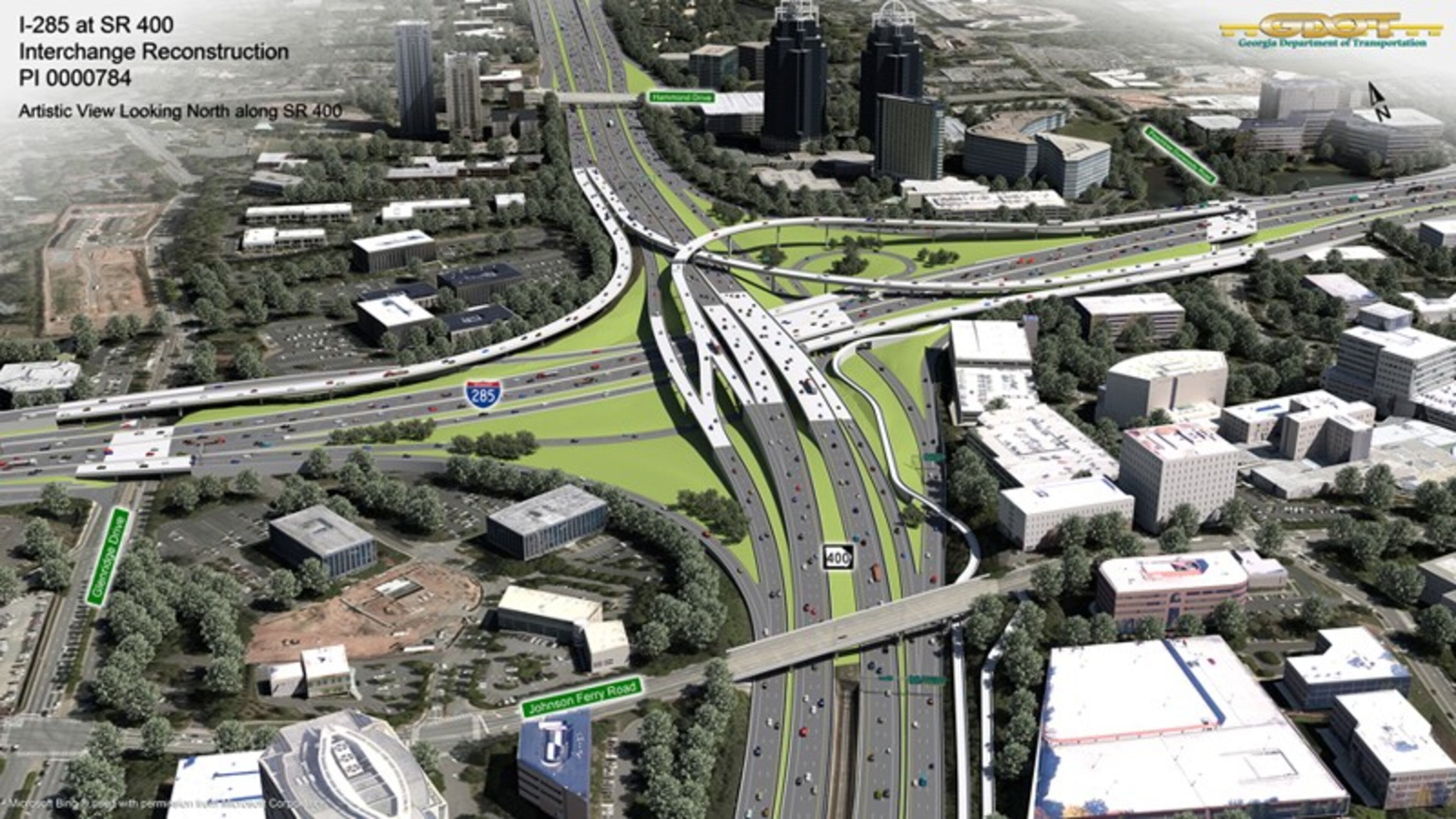 Artist’s rendering depicts the interchange of Ga. 400 and I-285 in the Sandy Springs-Dunwoody area after a four-year, $800 million reconstruction that’s just now beginning. GEORGIA DEPARTMENT OF TRANSPORTATION