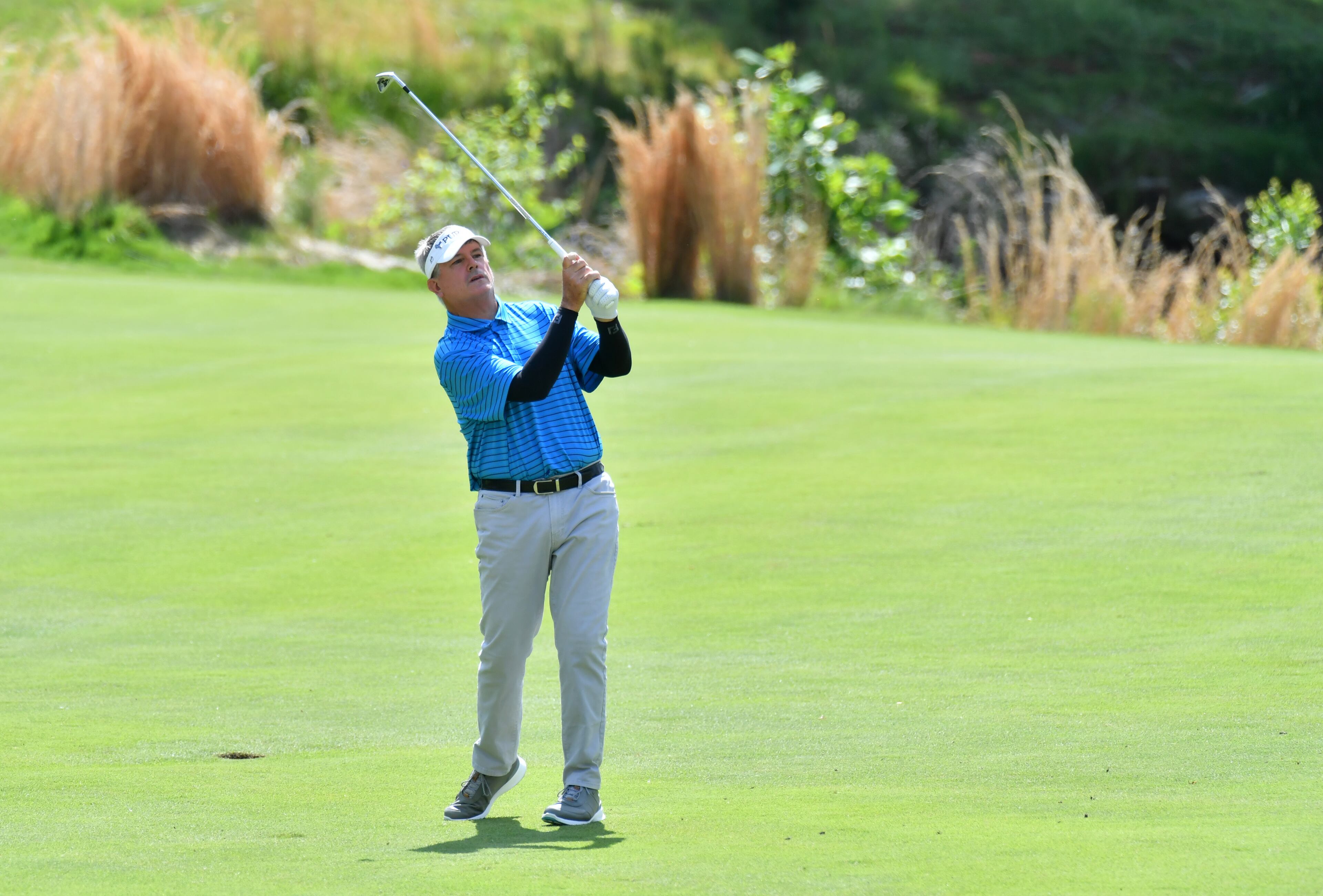 Paul Goydos hits from the fairway on the 11th hole during the second round of the Mitsubishi Electric Classic at TPC Sugarloaf on Saturday, May 15, 2021. (Hyosub Shin / Hyosub.Shin@ajc.com)