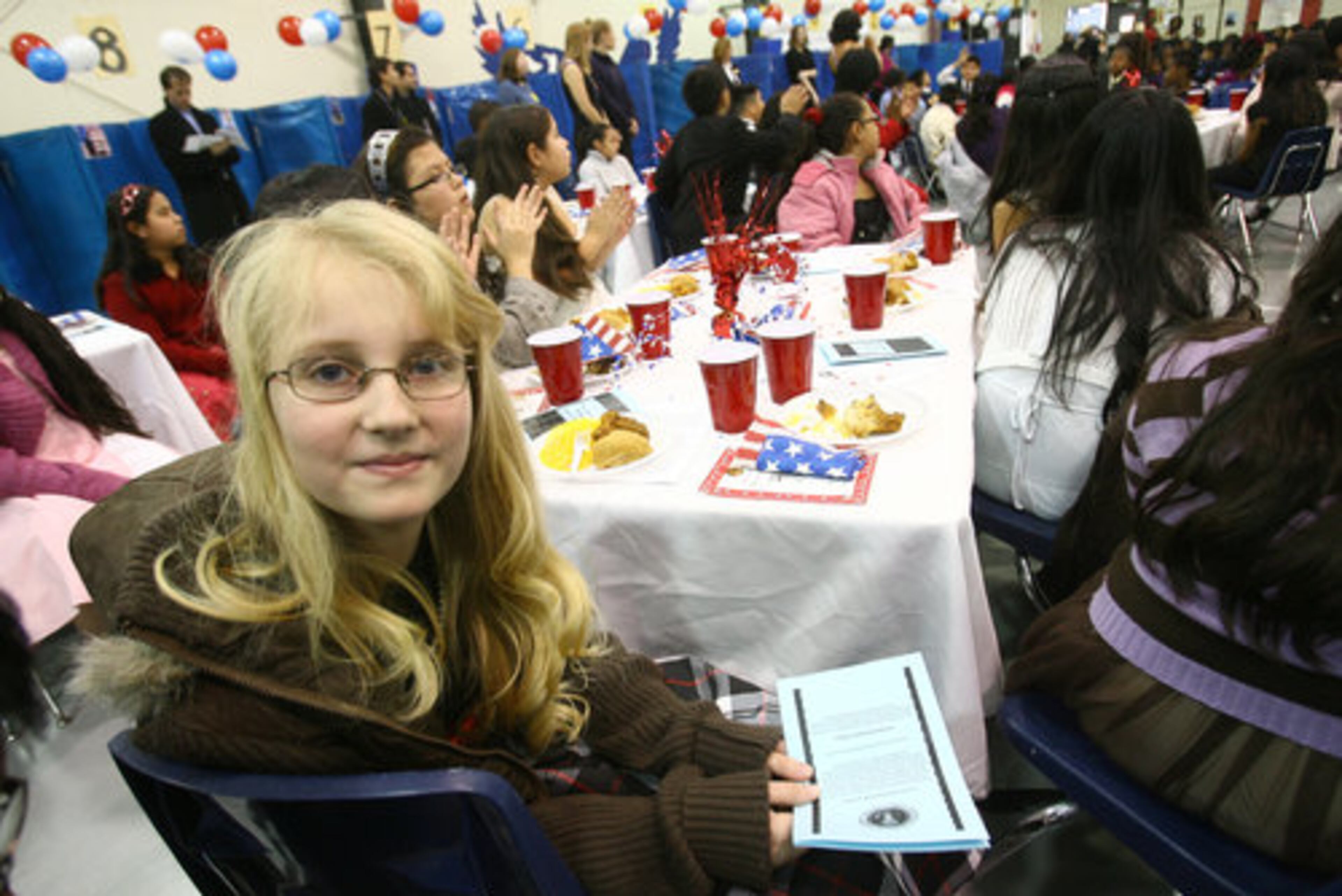 Student Emma McCullough at her table as fifth graders at Norcross Elementary School in Norcross celebrated the presidential inauguration with their own inaugural ball.