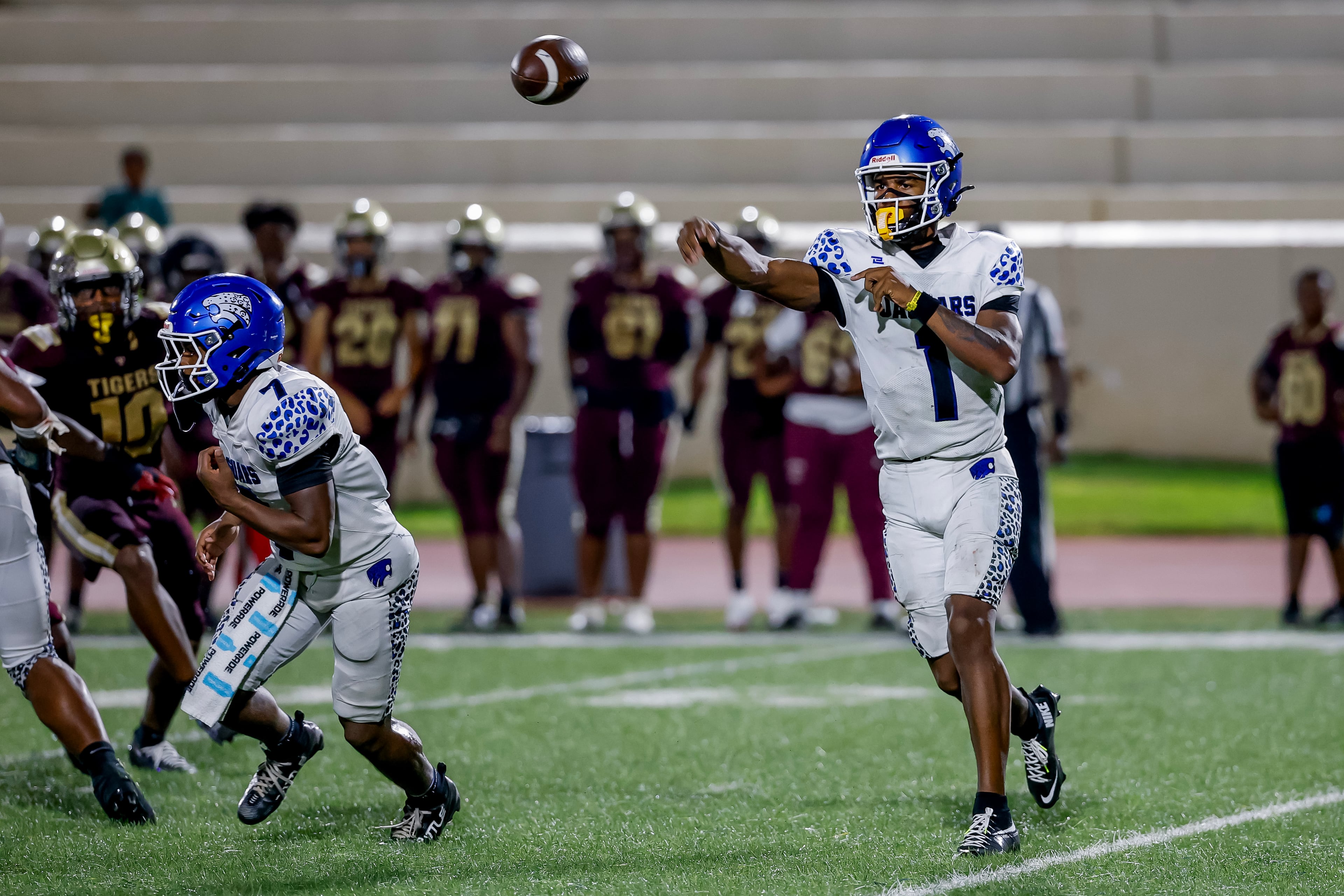 Stephenson quarterback Zabrian Boler passes against Tucker during their game at Hallford Stadium on Friday, Sept. 4, 2026, in Clarkston. (Erik S. Lesser for the AJC)