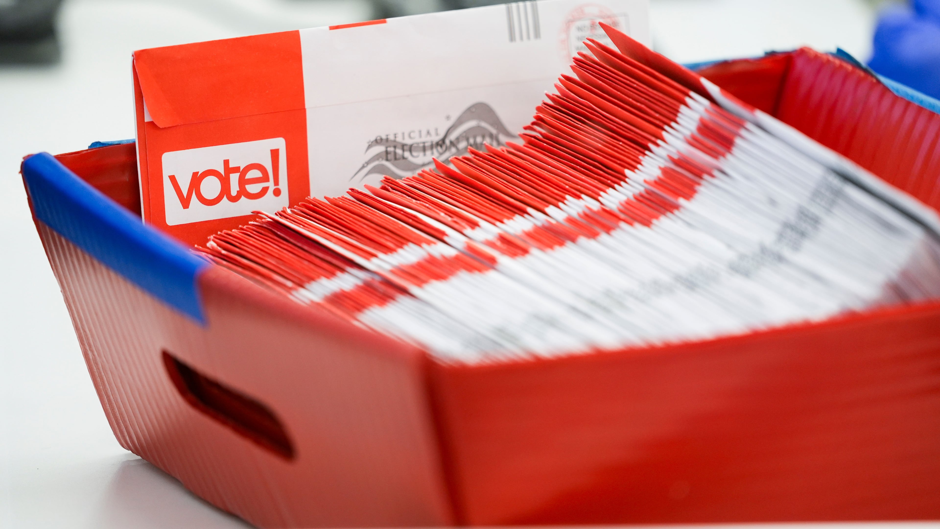 FILE - A tray of mail-in ballots is seen at King County Elections headquarters on Election Day, Nov. 5, 2024, in Renton, Wash. (AP Photo/Lindsey Wasson, File)