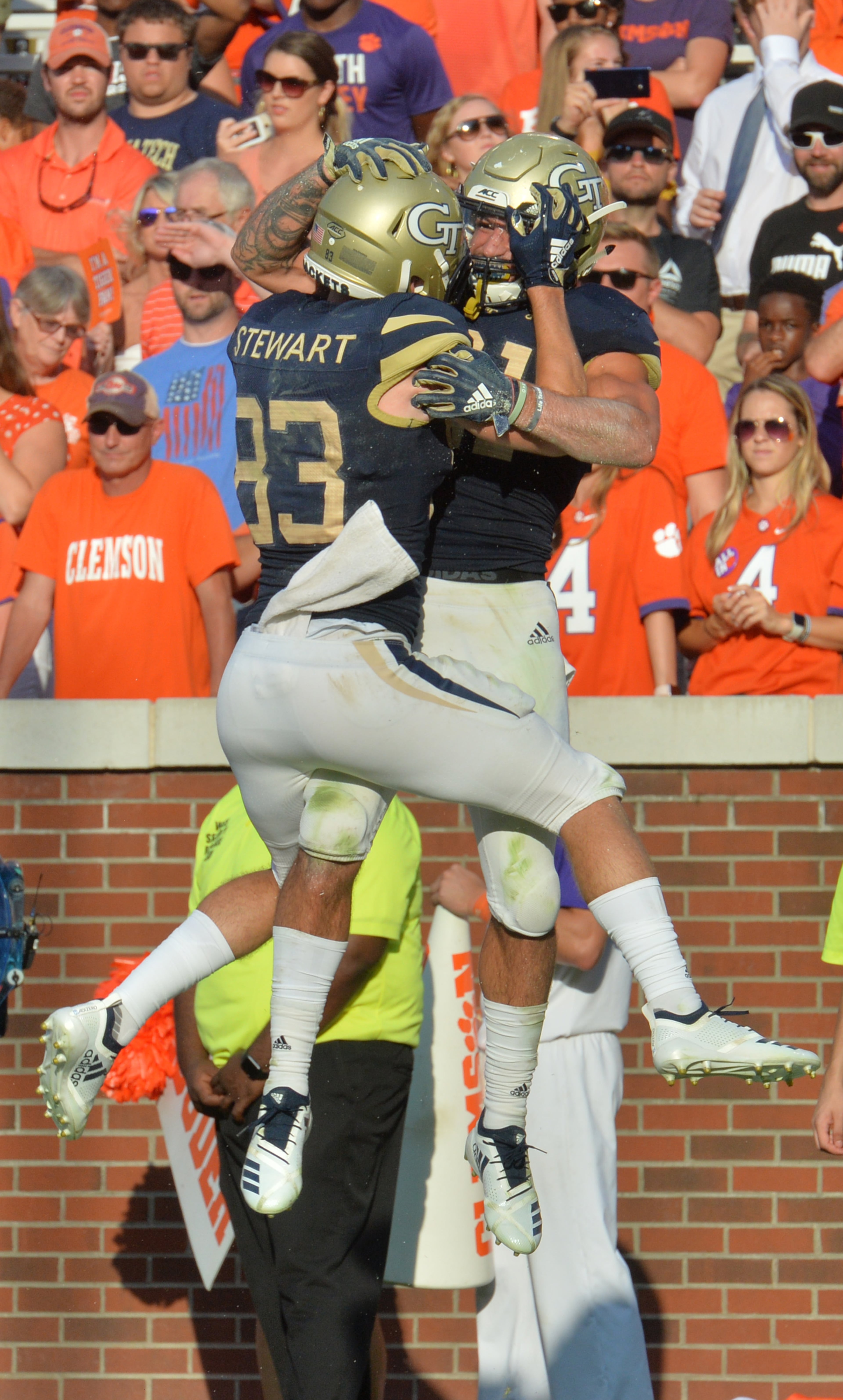 September 22, 2018 Atlanta - Georgia Tech running back Nathan Cottrell (31) celebrates with Georgia Tech wide receiver Brad Stewart (83) after he scored a touchdown in the second half at Bobby Dodd Stadium on Saturday, September 22, 2018. HYOSUB SHIN / HSHIN@AJC.COM