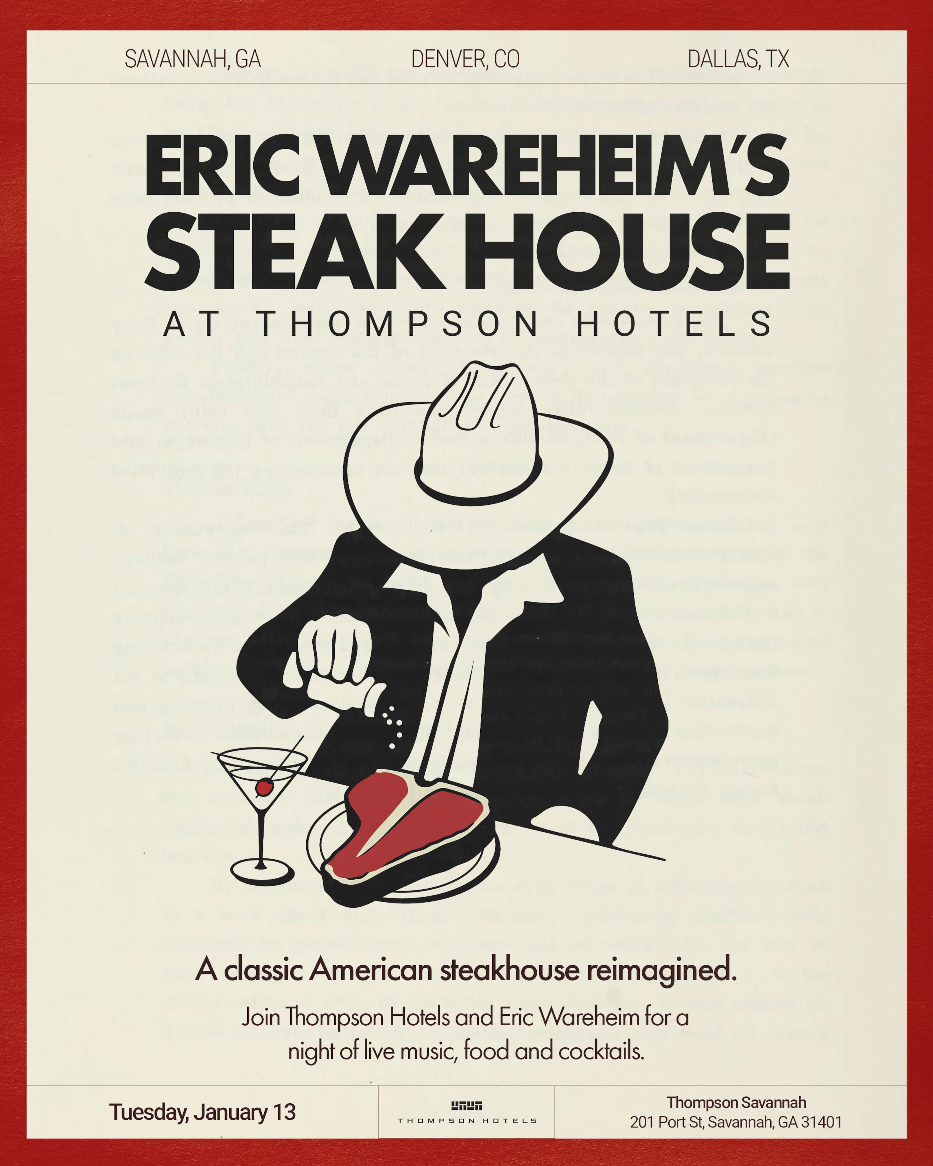 The pop-up Eric Wareheim's Steak House will take place on Jan. 13 at the Thompson Savannah. (Courtesy of Thompson Savannah)