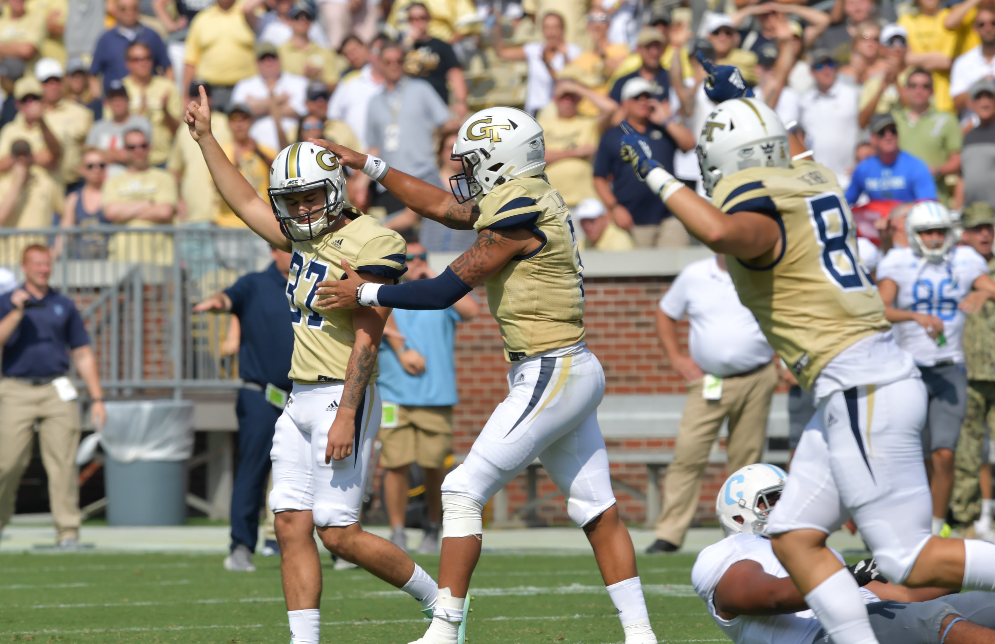 September 14, 2019 Atlanta - Georgia Tech place kicker Brenton King (37) celebrates after he scored to tie at the end of the fourth quarter at Bobby Dodd Stadium on Saturday, September 14, 2019. Citadel won 27-24 over the Georgia Tech in overtime play. (Hyosub Shin / Hyosub.Shin@ajc.com)