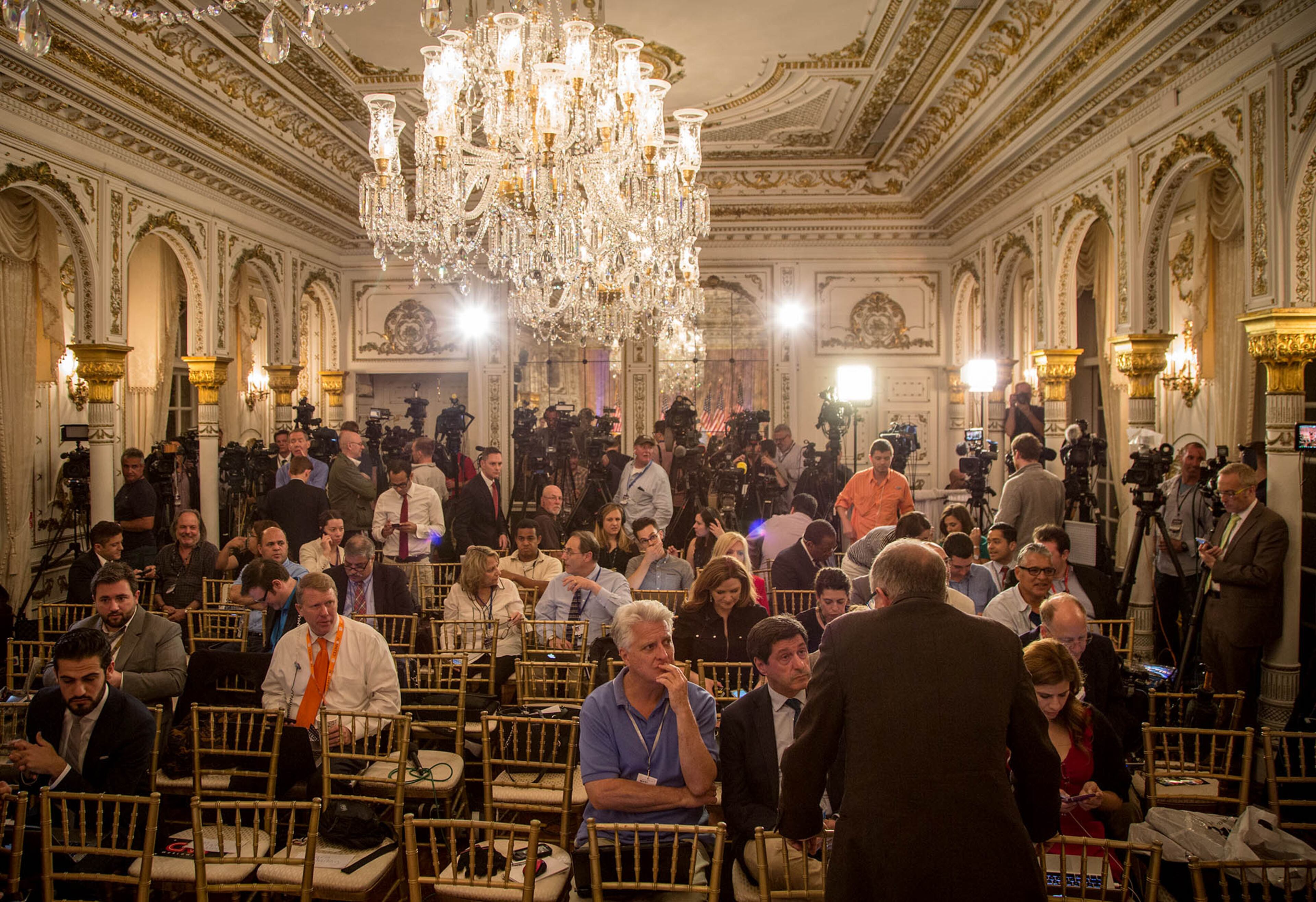 The White and Gold Ballroom at Mar-A-Lago is setup for Donald J. Trump's Super Tuesday press conference at Mar-A-Lago in Palm Beach, Florida on March 1, 2016. (Allen Eyestone / Daily News)