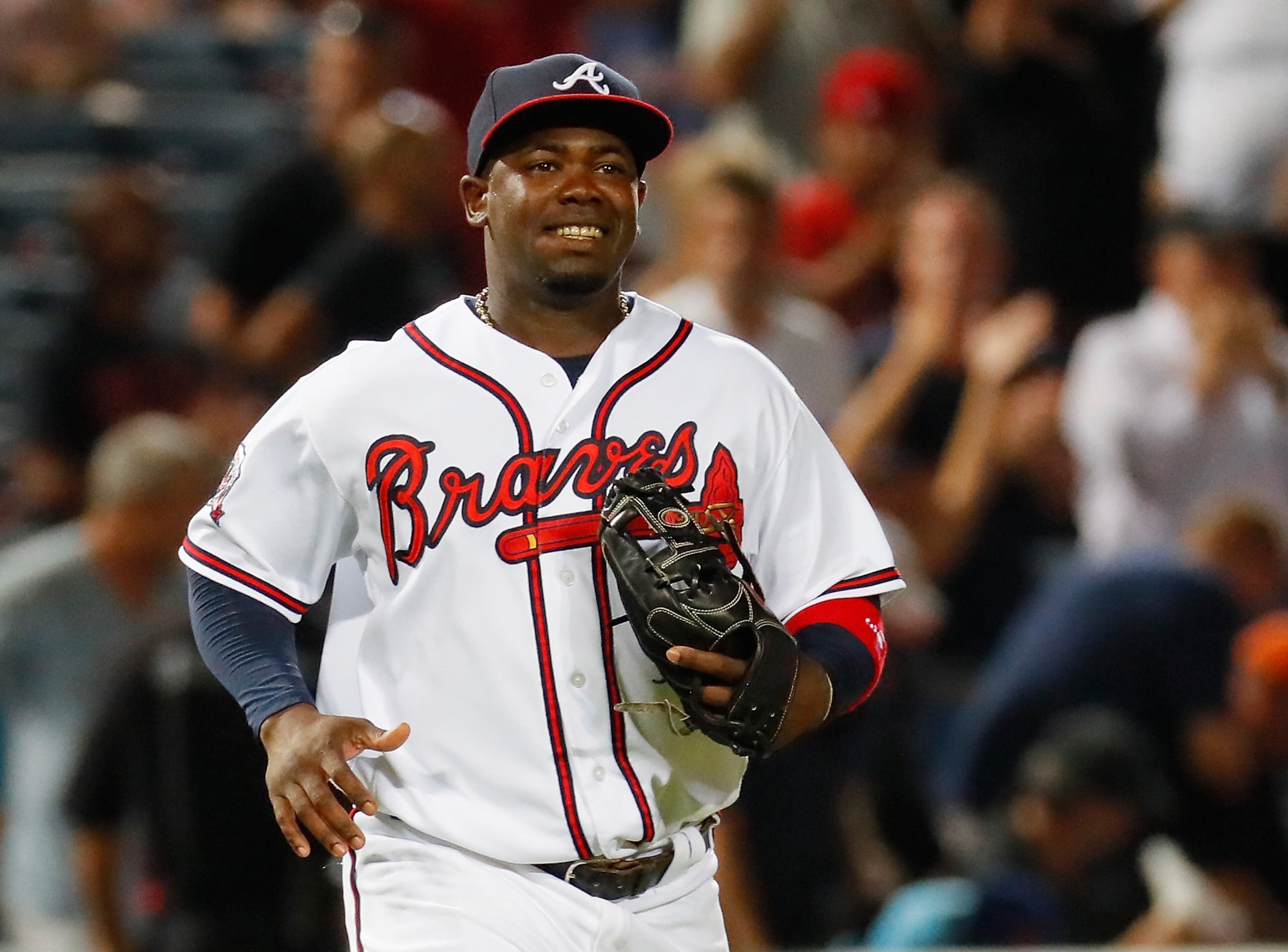 ATLANTA, GA - JUNE 23: Adonis Garcia #13 of the Atlanta Braves reacts after their 4-3 win over the New York Mets at Turner Field on June 23, 2016 in Atlanta, Georgia. (Photo by Kevin C. Cox/Getty Images)