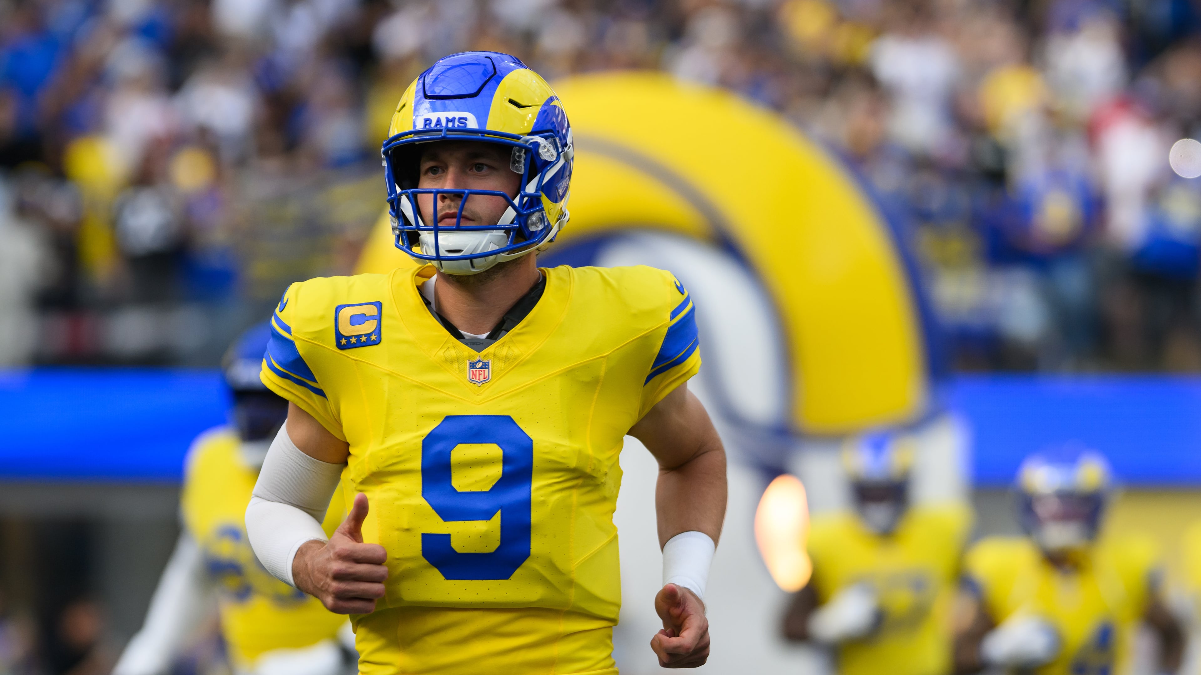 Los Angeles Rams quarterback Matthew Stafford enters the field before an NFL football game against the New York Giants in Inglewood, Calif., Monday, Sept. 21, 2026. (Kyusung Gong/AP)