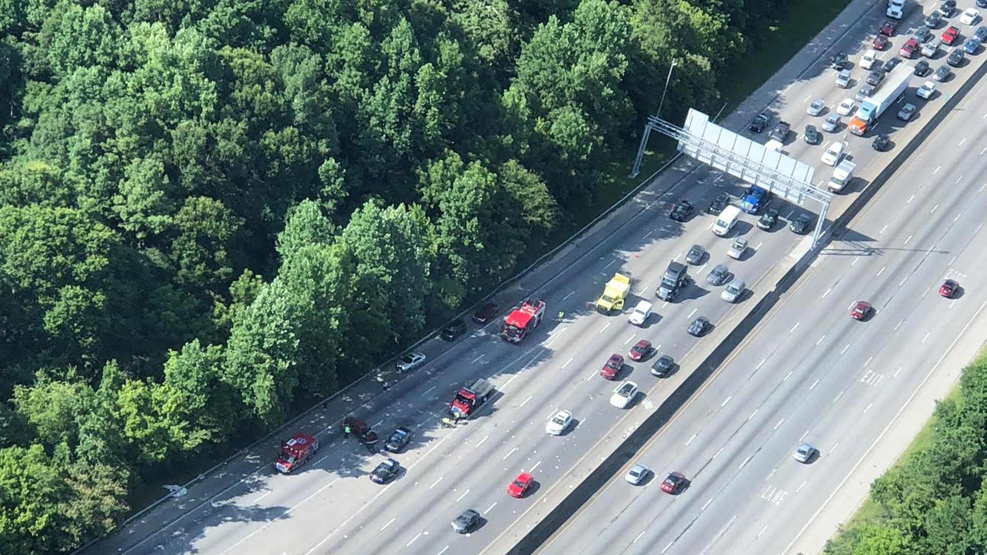 The WSB Skycopter spotted this overturned pickup truck that spread debris on I-285/westbound at I-675, causing big delays Tuesday afternoon. DOUG TURNBULL / TRIPLE TEAM TRAFFIC