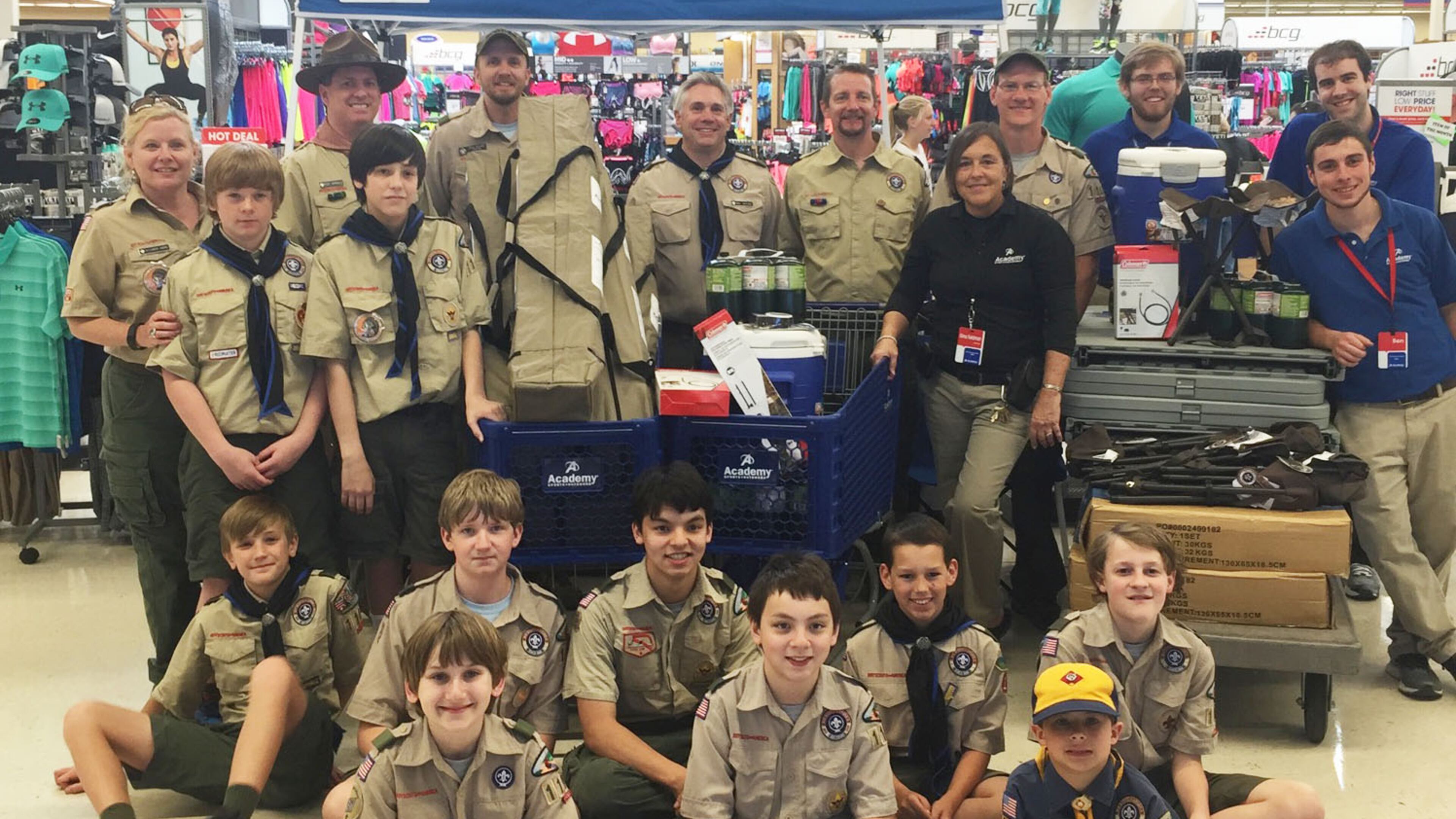 Boy Scout Troop 1109 pose with some of their new camping equipment at Academy Sports + Outdoors in Cumming.