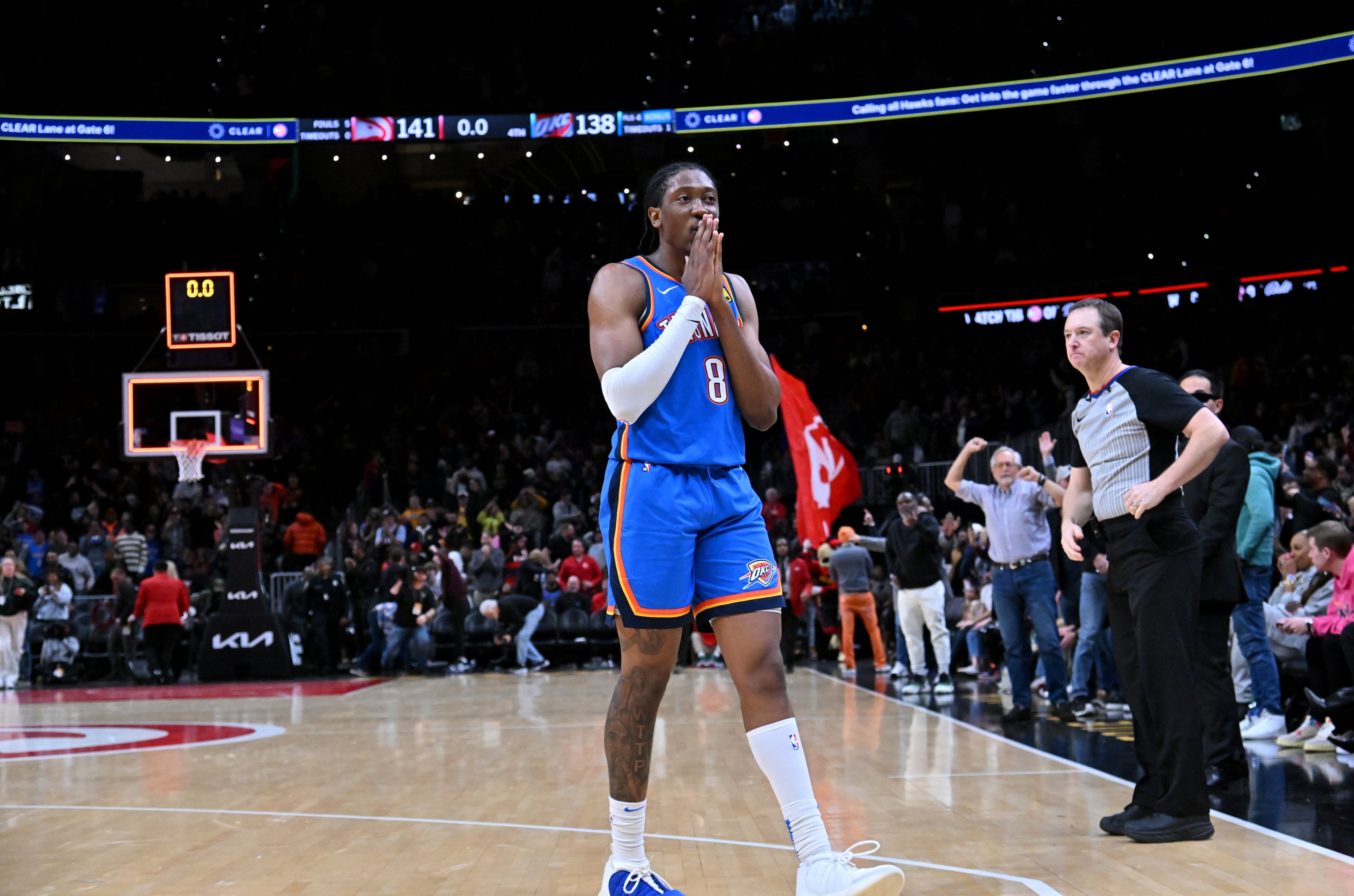 Oklahoma City Thunder forward Jalen Williams (8) reacts after Atlanta Hawks beat Oklahoma City Thunder in an NBA basketball game at State Farm Arena, Wednesday, December 3, 2024, in Atlanta. Atlanta Hawks won 141-138 over Oklahoma City Thunder. (Hyosub Shin / Hyosub.Shin@ajc.com)