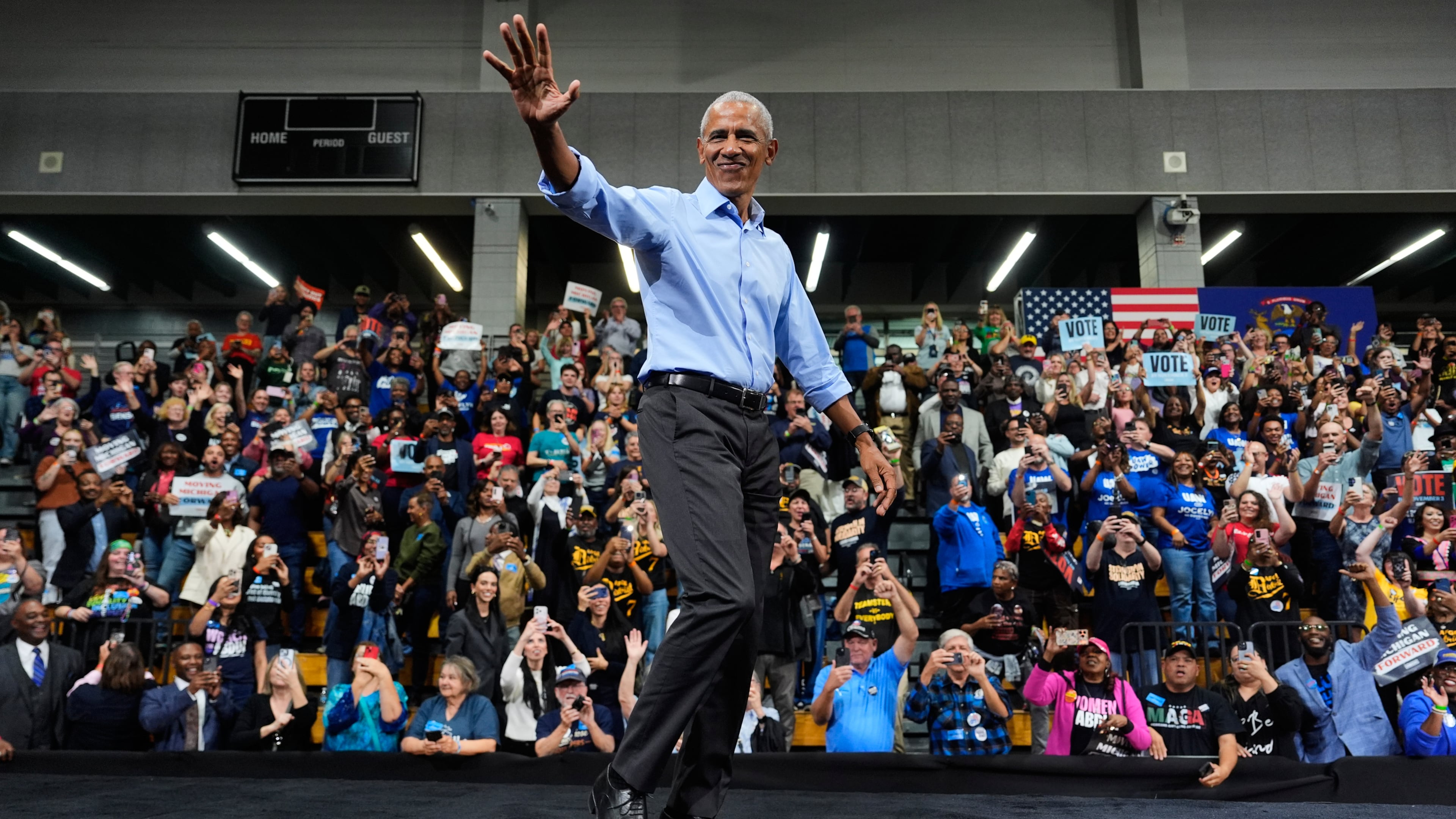 Former President Barack Obama, greets supporters upon his arrival during a campaign rally at Cass Technical High School Saturday, Oct. 24, 2026, in Detroit.(AP Photo/Paul Sancya)