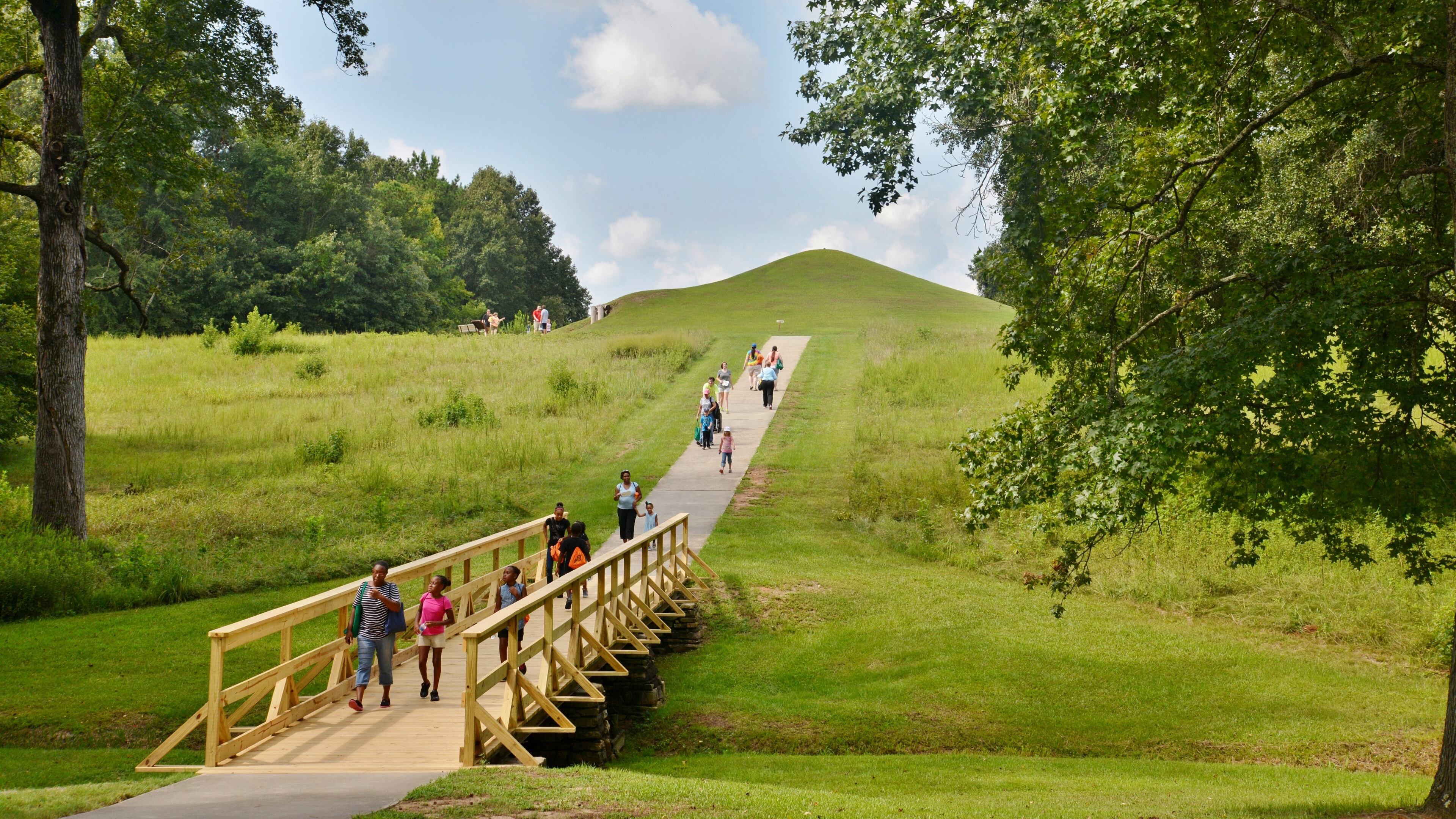 The burial mounds at the Ocmulgee National Monument, near Macon, were built by Native Americans during the Mississippian period, around 1000 CE. The park, designated a National Historic Park, is part of the rich cultural resources of the Ocmulgee River Corridor. (Courtesy of the National Trust for Historic Preservation)