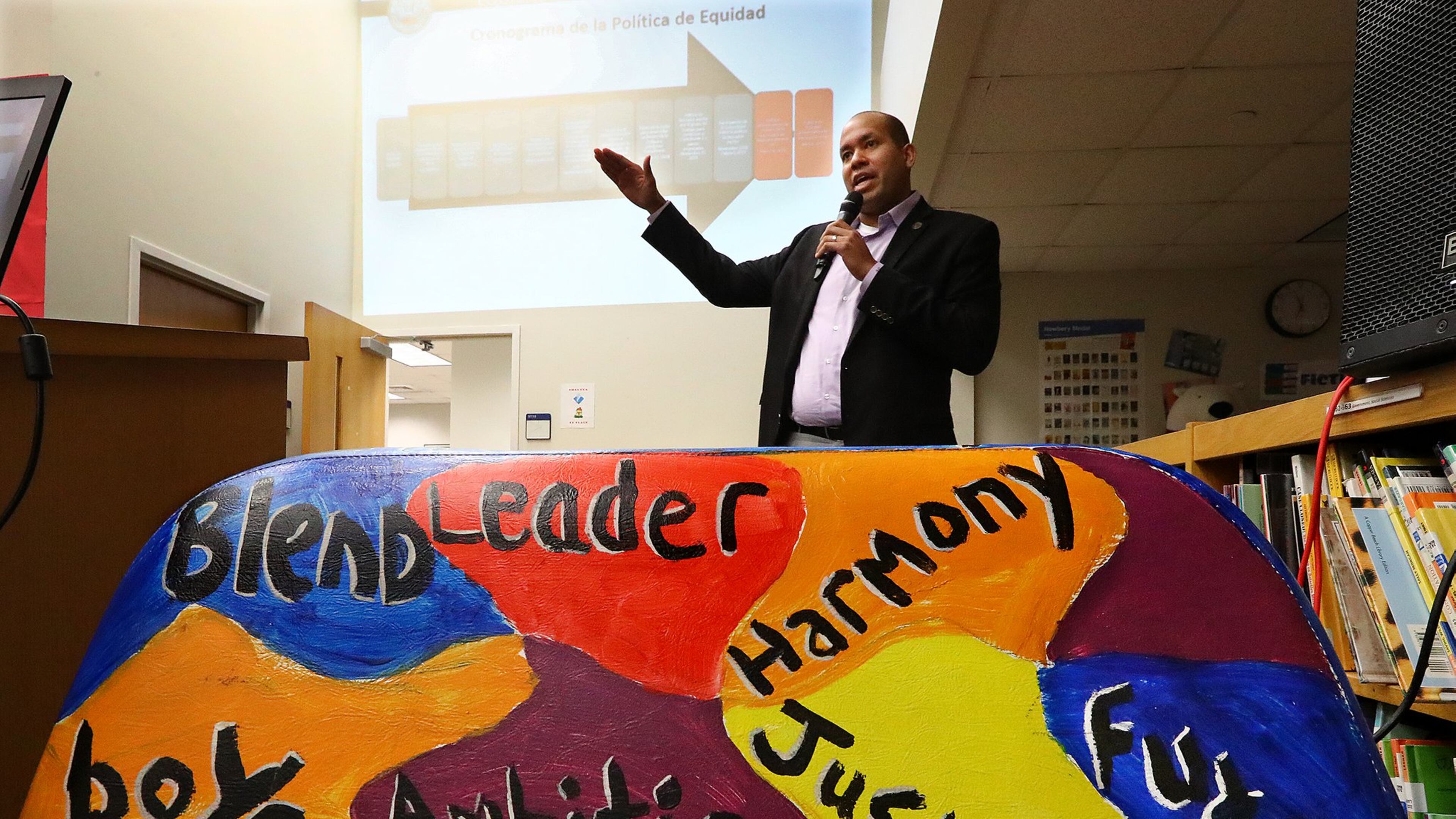 Atlanta school board Chairman Jason Esteves answers questions from the audience at a presentation on the “Excellent Schools Project” during a community meeting at Hope-Hill Elementary School on Monday, Feb. 25, 2019, in Atlanta.