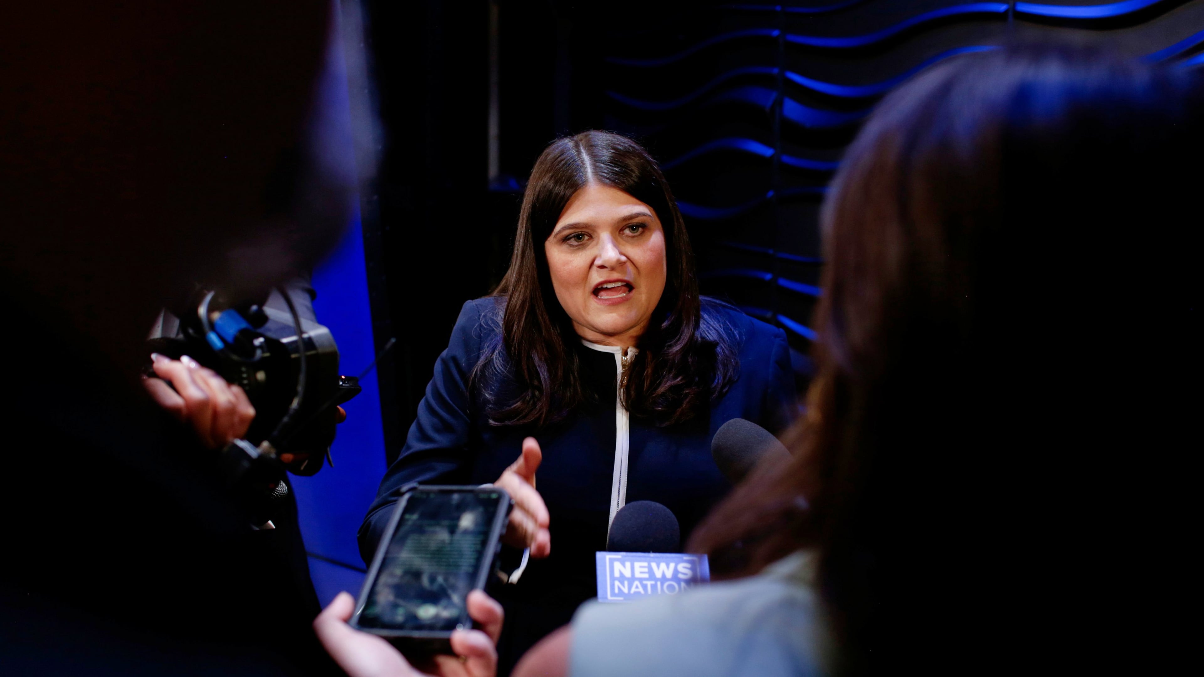 Michigan U.S. Sen. candidate, Rep. Haley Stevens, D-Mich., speaks with media after a debate at WoodTV studios on Tuesday, July 7, 2026, in Grand Rapids, Mich. (AP Photo/Kristen Norman)
