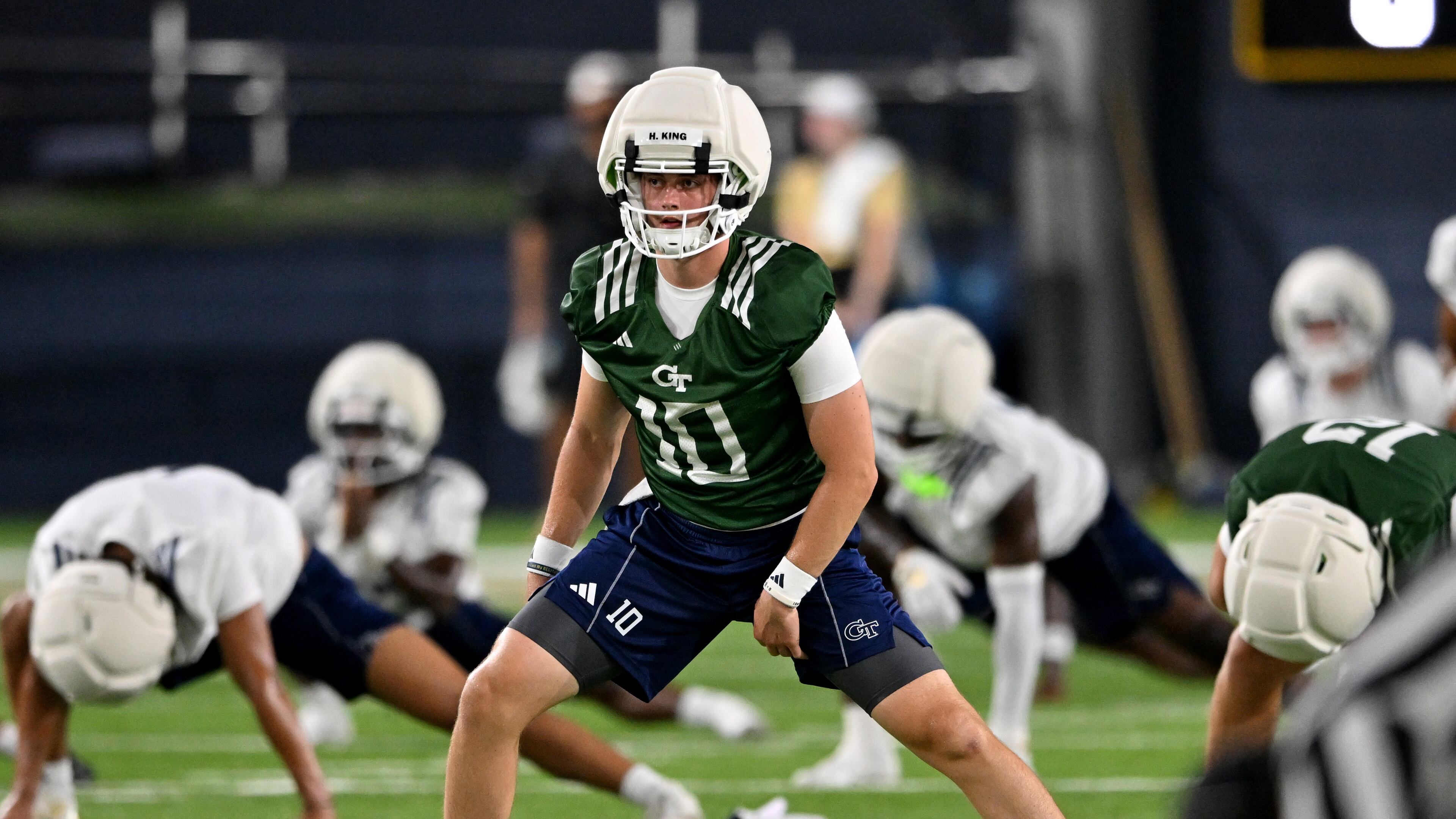 Georgia Tech quarterback Haynes King warms up during the first day of football practice at Rose Bowl Field and the Mary and John Brock Football Practice Facility, Tuesday, July 29, 2025, in Atlanta. (Hyosub Shin / AJC)