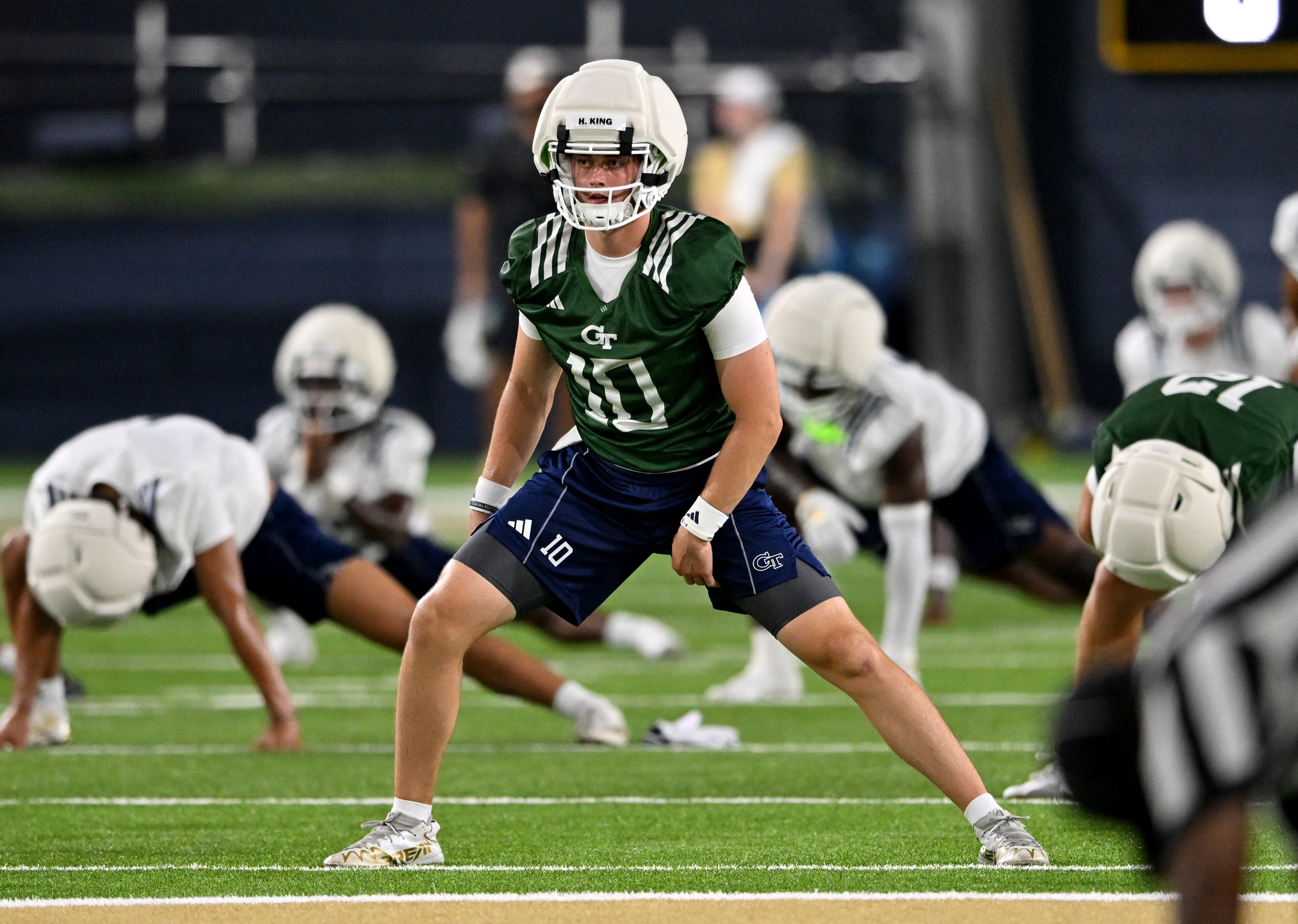 Georgia Tech quarterback Haynes King (10) warms up during the first day of football practice at Rose Bowl Field and the Mary and John Brock Football Practice Facility, Tuesday, July 29, 2025, in Atlanta. (Hyosub Shin / AJC)