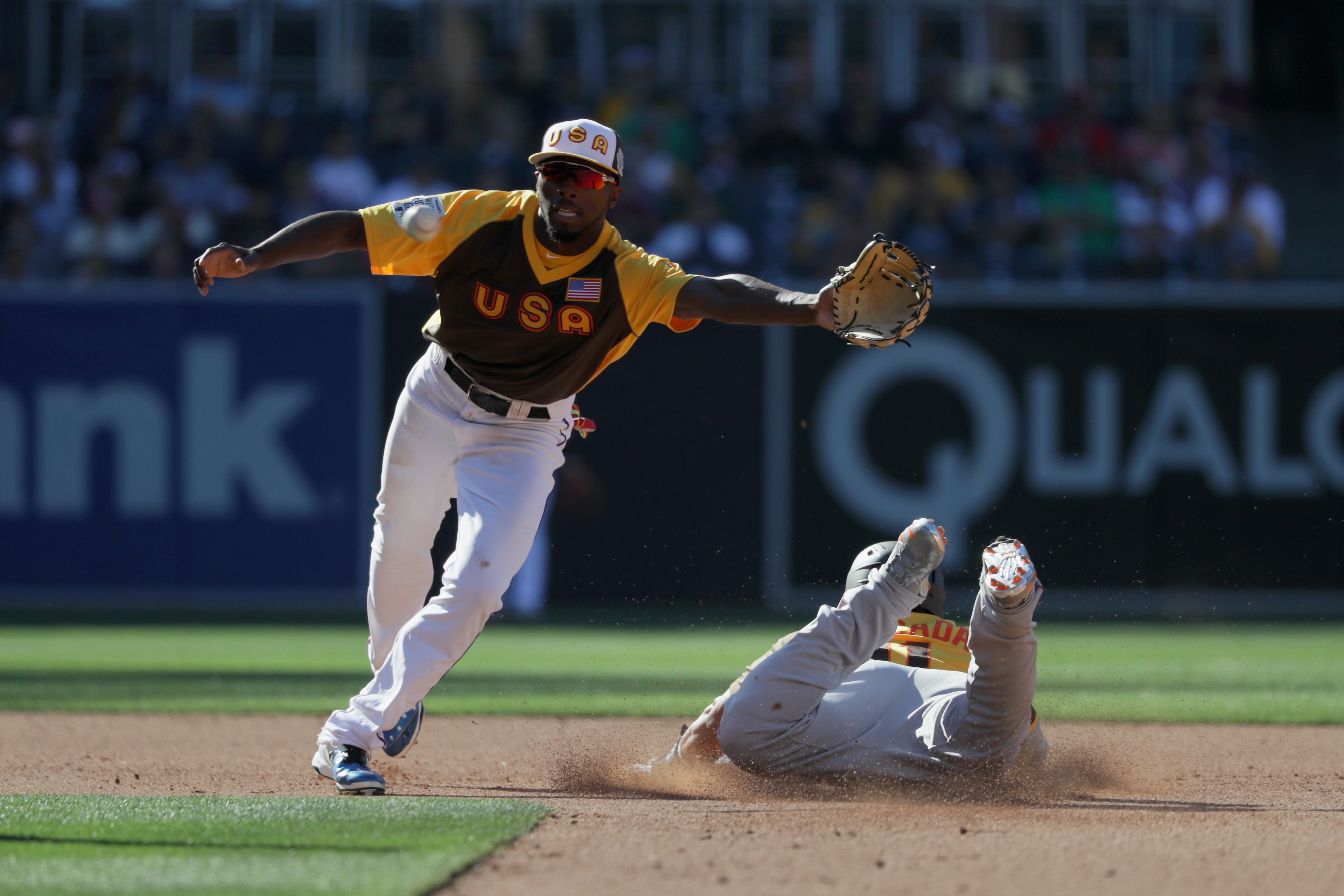 Travis Demeritte (left) takes a throw at second during the SiriusXM All-Star Futures Game at PETCO Park on July 10, 2016 in San Diego, California. (Photo by Sean M. Haffey/Getty Images)