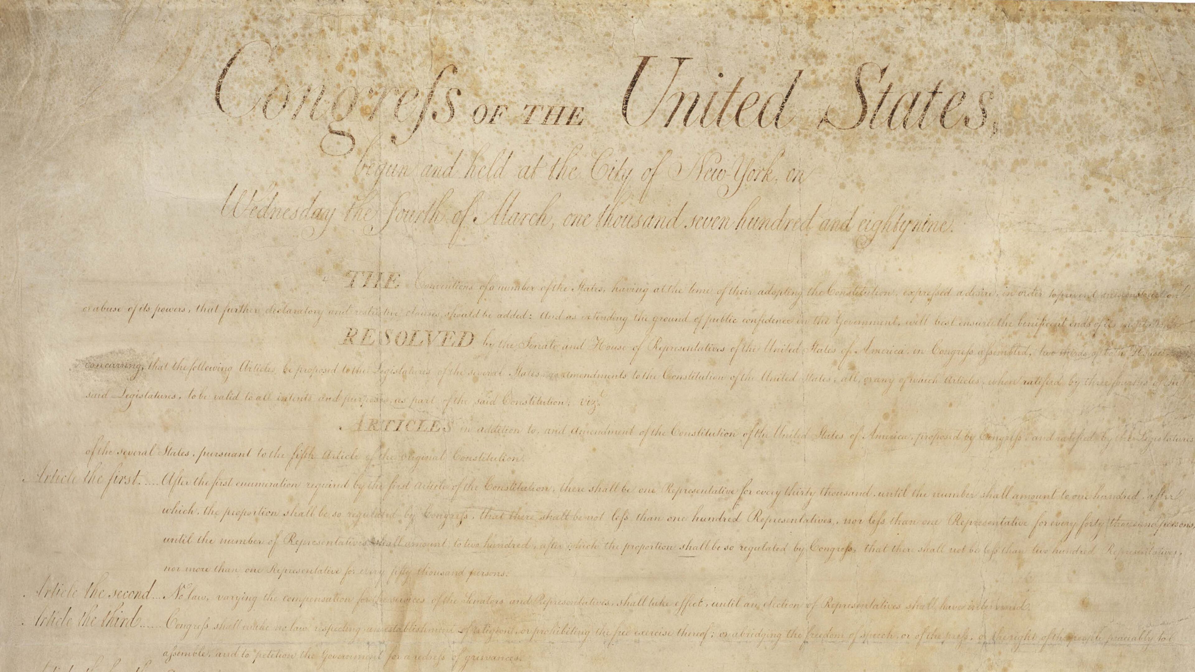 The First Amendment establishes the right to free exercise of religion and freedom of speech. A photo of the Bill of Rights to the U.S. Constitution is shown in this photo from the National Archives. (Handout/TNS)