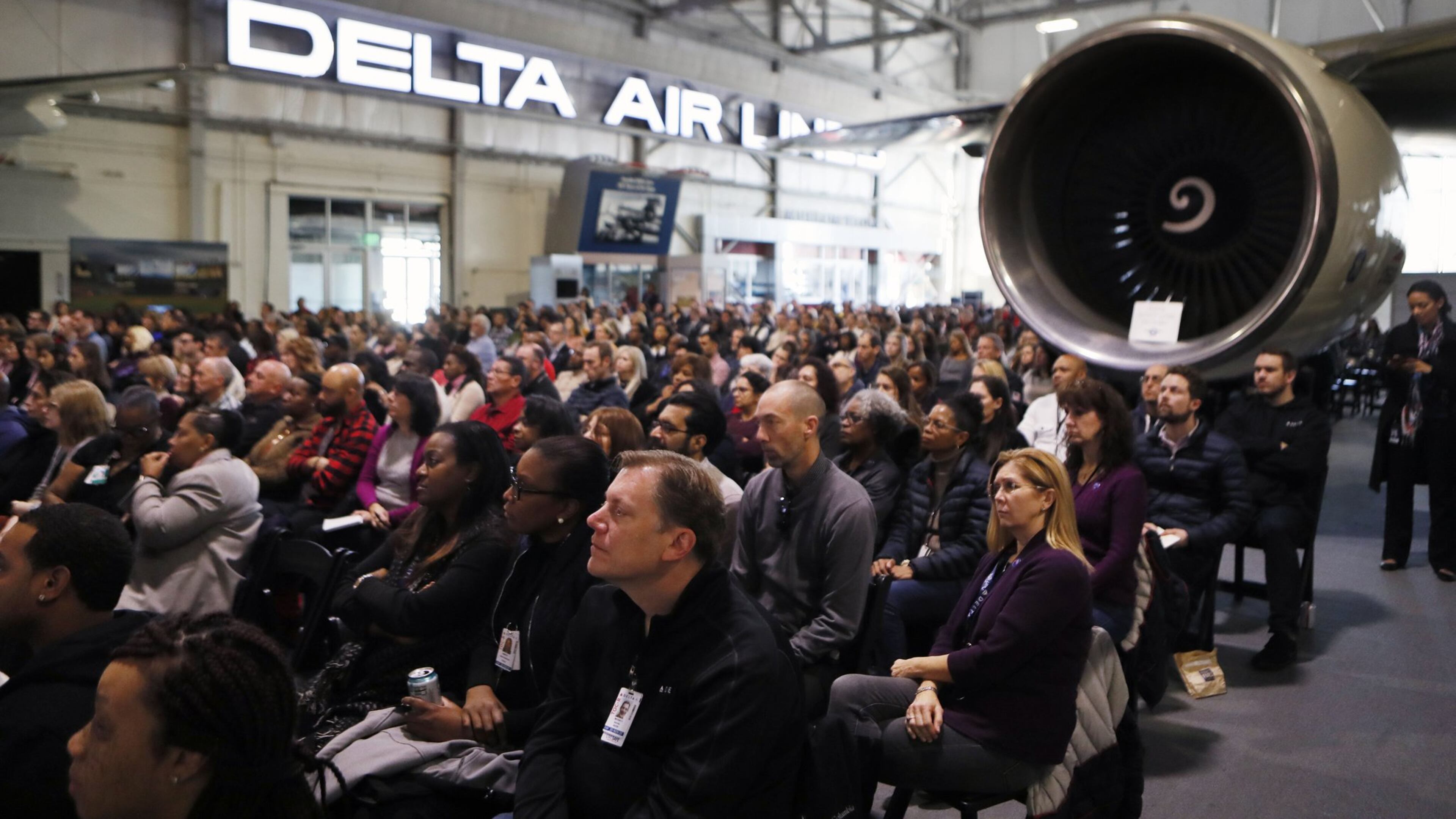 1/11/19 - Atlanta - The event drew several hundred people. Delta CEO Ed Bastian and Atlanta Mayor Keisha Lance Bottoms were on hand during a National Human Trafficking Awareness Day event held at the Delta Flight Museum in Atlanta, Delta premiered a new campaign that the airline is debuting in airports and onboard during the month of January to engage customers, train employees and raise awareness of human trafficking in advance of the Super Bowl. Bob Andres / bandres@ajc.com